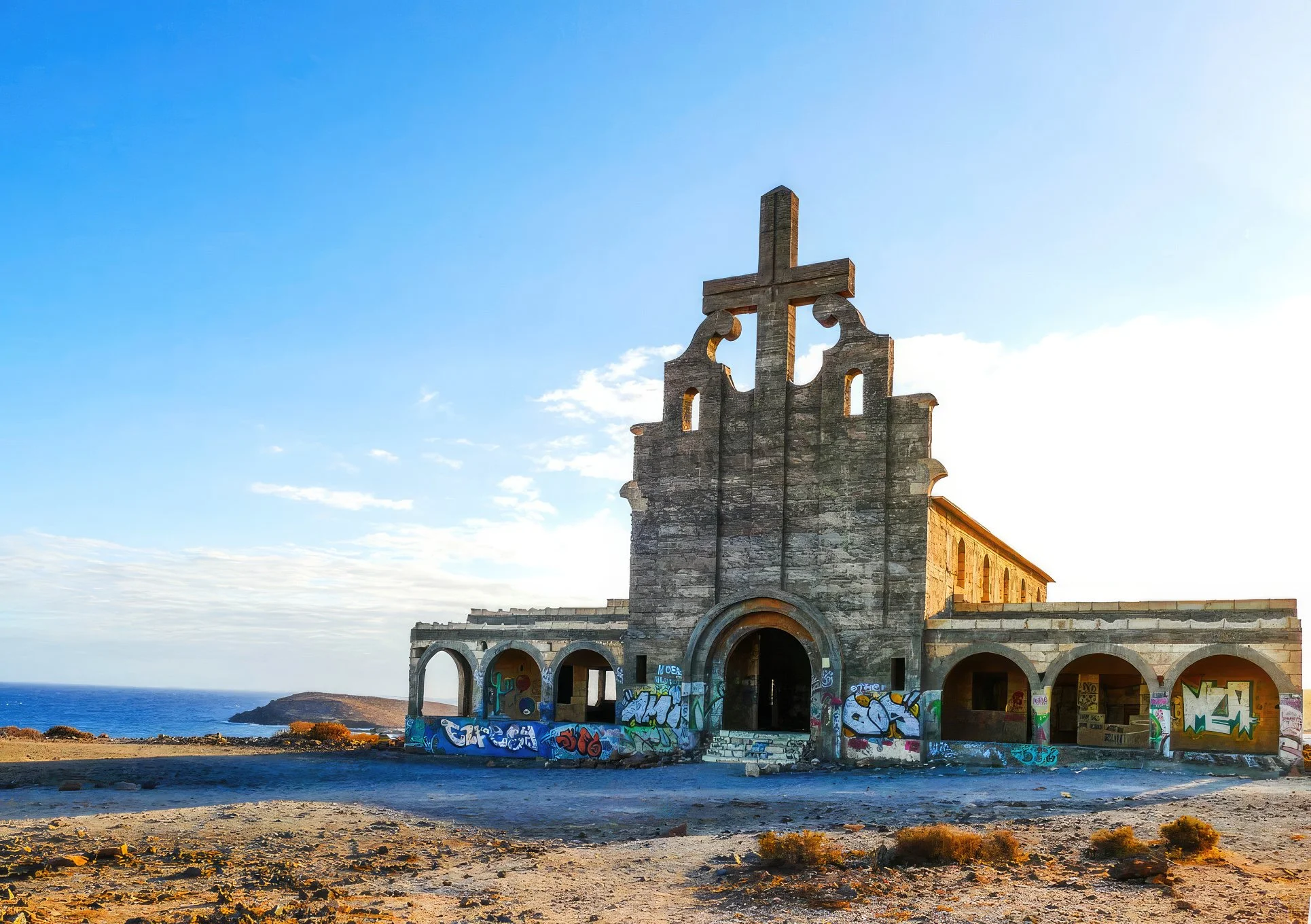 Old abandoned church on a hill with graffiti, overlooking the ocean and partly cloudy sky.