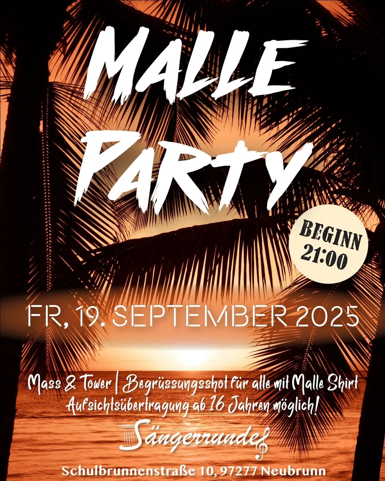 🌴 E N D L I C H  W I E D E R  M A L L E 🌴

Es ist wieder soweit&hellip; 
Feiert mit uns die Malle Saison 2025 mit bester Musik, kalten Getr&auml;nken und vielen Specials. Ballermann-Feeling mitten in Neubrunn. Seid dabei und lasst es gemeinsam mit 