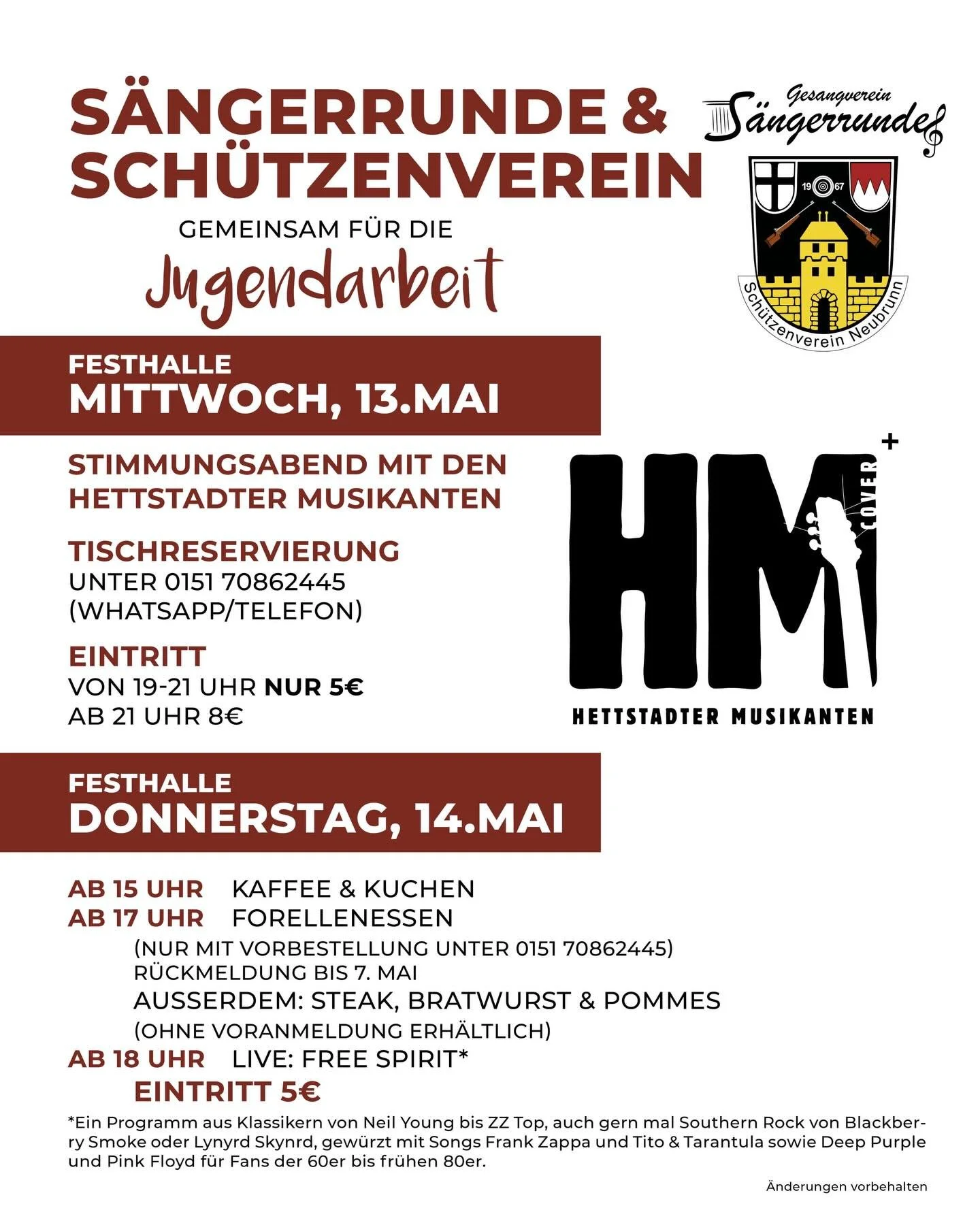 ✨ G E M E I N S A M  F &Uuml; R  D I E  J U G E N D A R B E I T ✨

🪩 S&auml;ngerrunde &amp; Sch&uuml;tzenverein laden herzlich ein zu zwei Tagen voller Stimmung in der Festhalle. 

💚 Feiert am Mittwoch mit uns gemeinsam in den Feiertag bei bester S