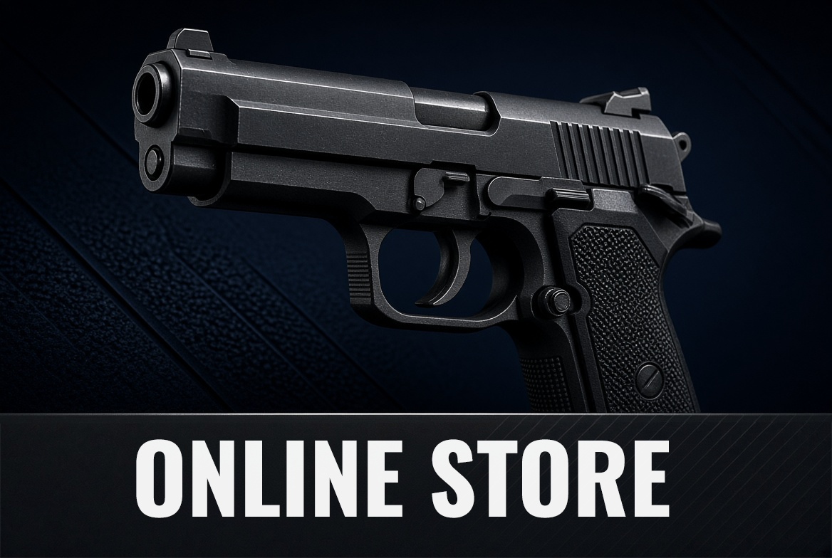 A semi-automatic handgun with a black finish against a dark background, with the words "Online Store" written below.