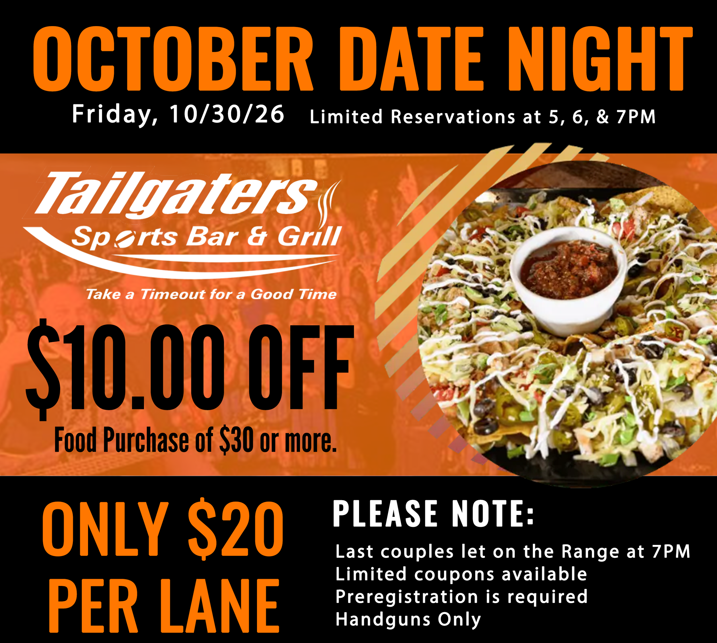Sign advertising an October date night event at Tailgaters Sports Bar & Grill on October 30, 2026, with limited reservations at 5, 6, and 7 PM, featuring food and drink specials, and a $20 fee. The sign mentions program details, safety notes, and specifies no guns allowed, with last couples allowed on the range at 7 PM.