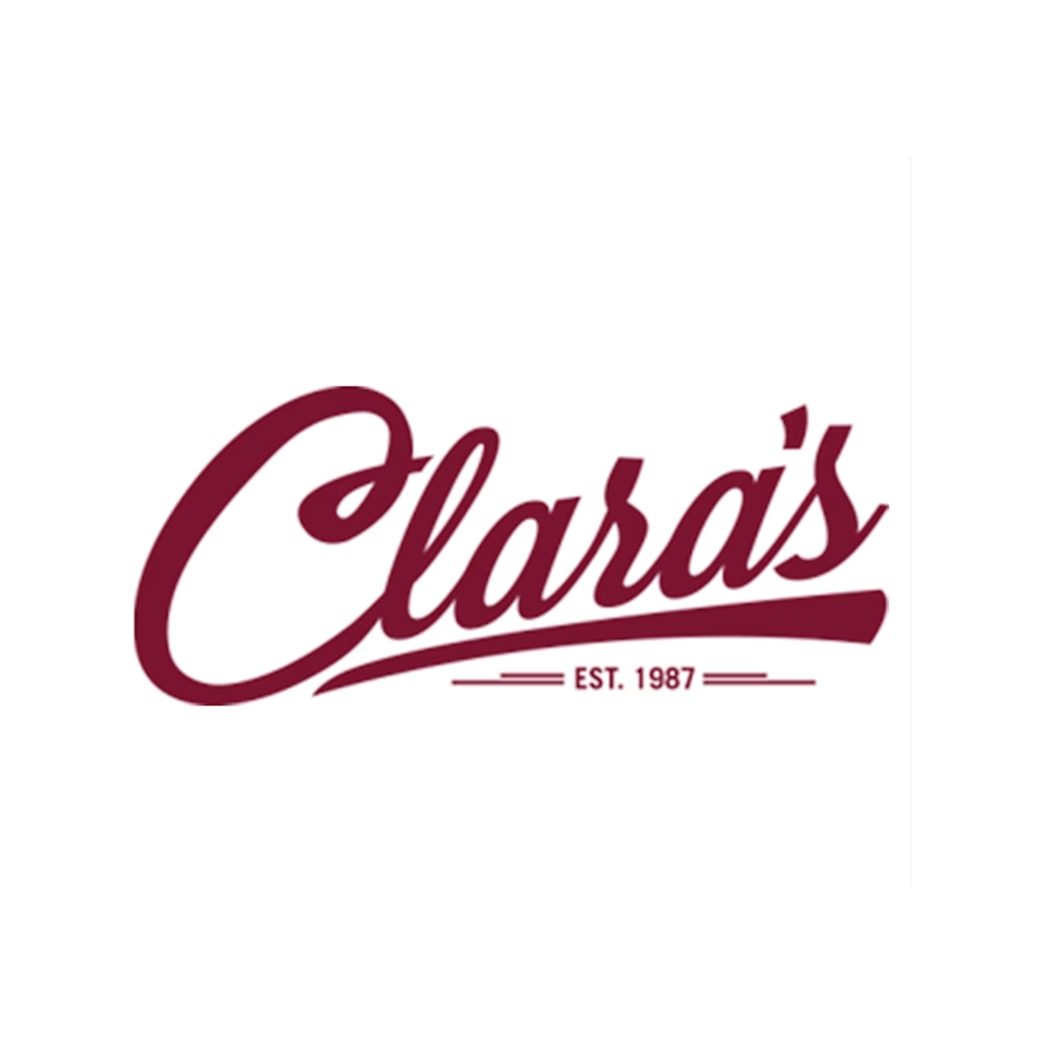 Logo with the word 'Claras' in cursive maroon font and 'EST. 1987' underneath, with decorative lines at the sides.