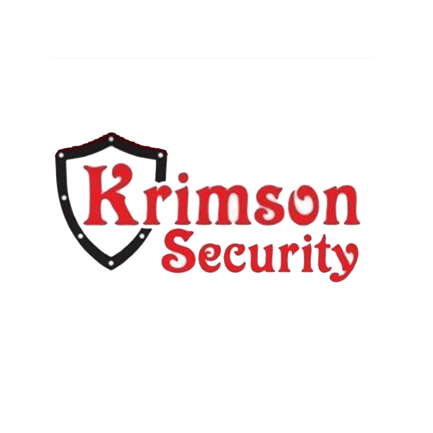 Logo for Krimson Security with a black shield outline and red text on a pink background.