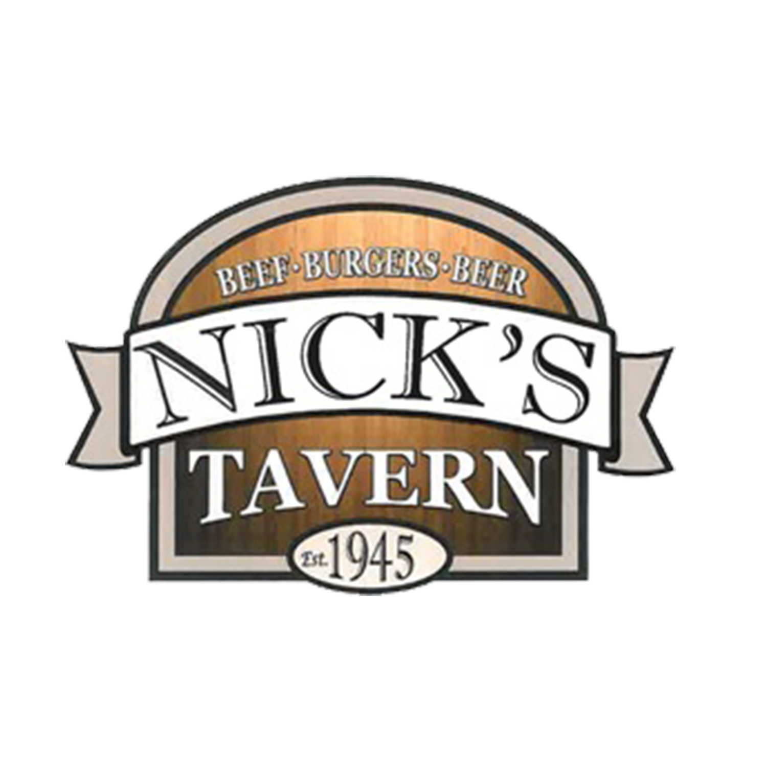 Restaurant sign with the name 'Nick's Tavern' and details about menu items like beef, burgers, and beer, established in 1945.