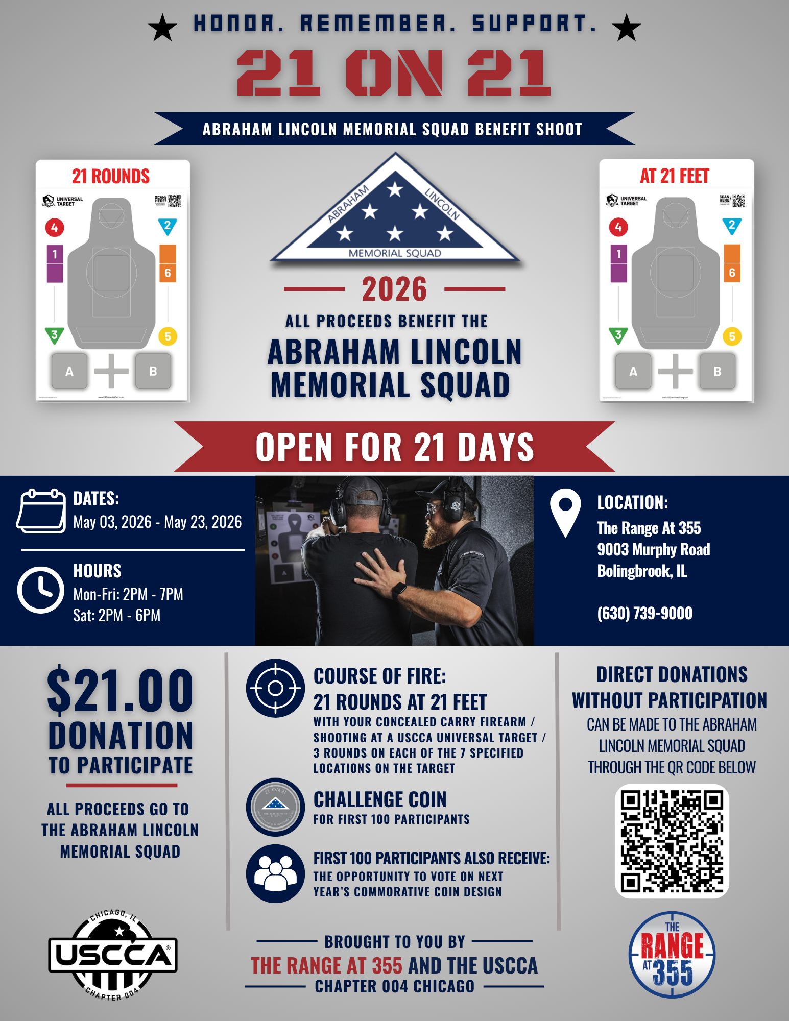 Flyer for the 21 On 21 event honoring the Abraham Lincoln Memorial Squad, held at The Range at 355, Chicago, IL, from May 3 to May 23, 2026, supporting USCCA and featuring a shooting course of 21 rounds at 21 feet. Includes participation details, donation info, and a QR code.