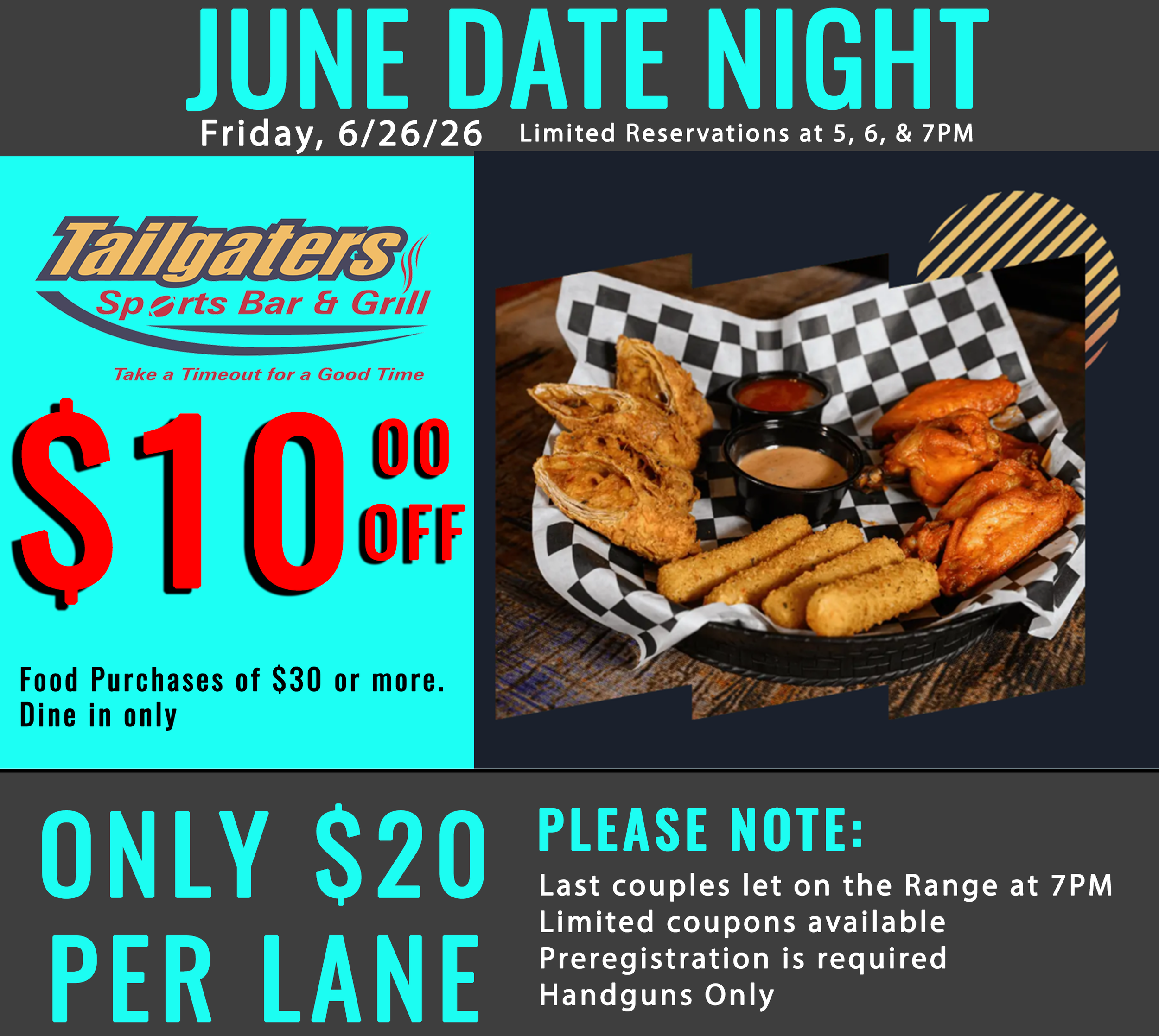 An advertisement flyer for a June Date Night event at Tailgaters Sports Bar & Grill, featuring food discounts, a photo of fried chicken, and details about reservations and event rules.