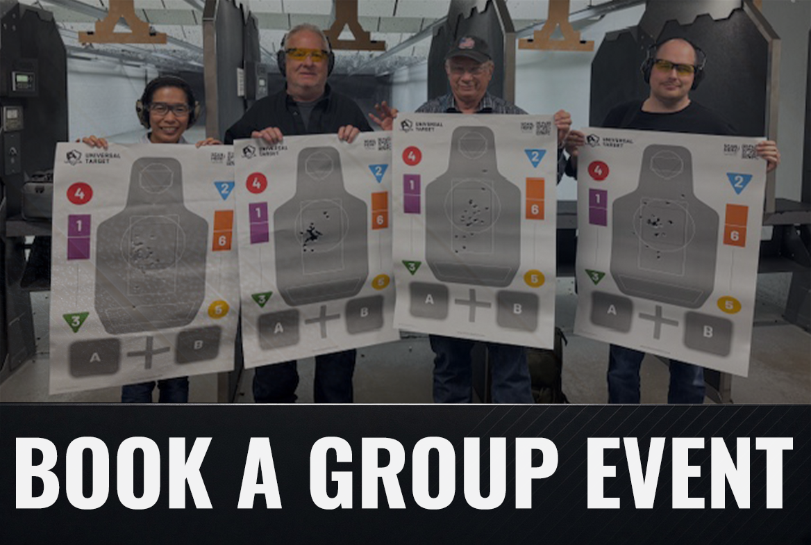 Four individuals at a shooting range holding targets with colored markings and numbers, smiling and wearing protective ear and eye gear. The text overlay says 'Book a Group Event'.