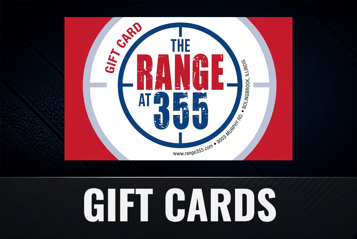 A promotional image for Range 355 gift cards, featuring a logo resembling a target or crosshairs with the text "The Range at 355" and the website www.range355.com. The background is red and black with the words "Gift Cards" in bold at the bottom.