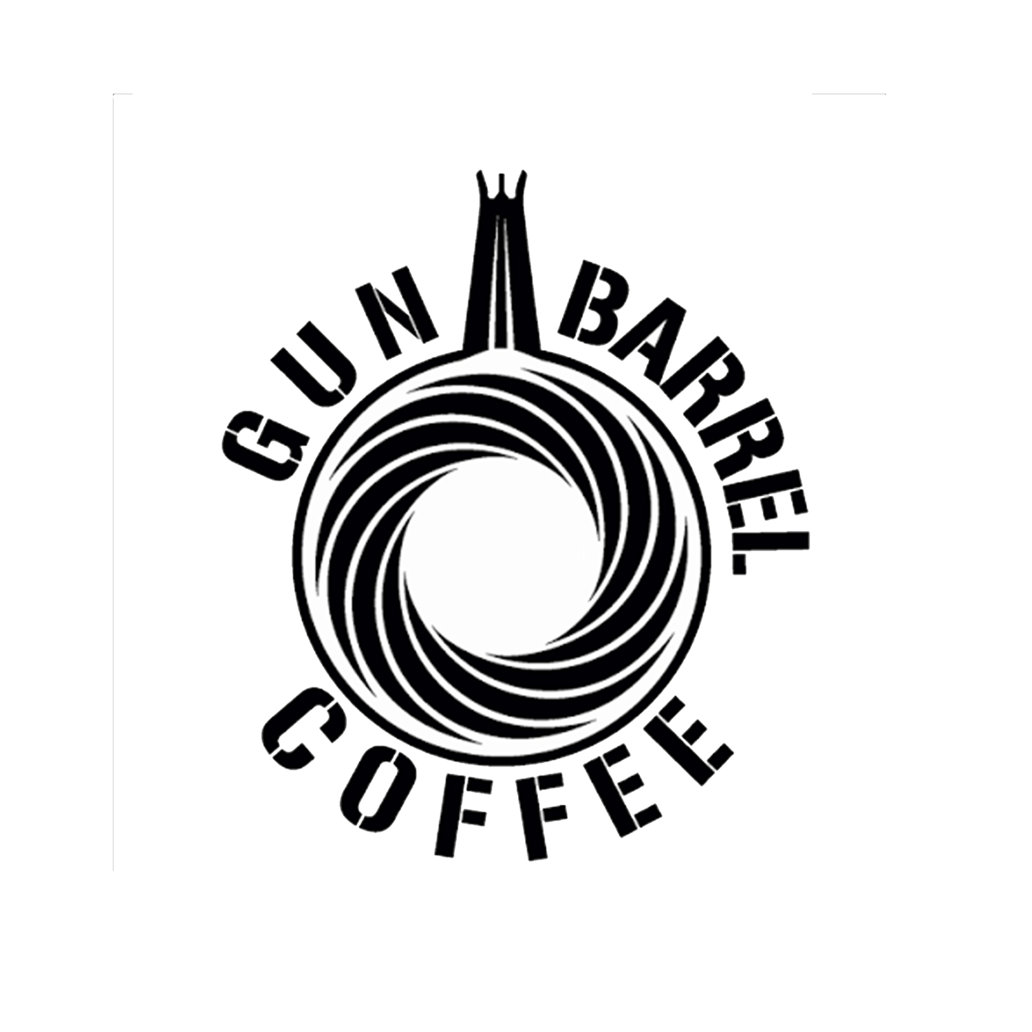 Black background with a white coffee cup logo and the words "GCU in Barbados Coffee" arranged around a stylized swirl design.