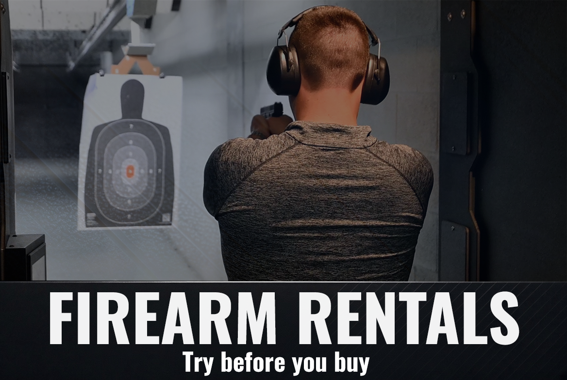 A person wearing headphones shooting a firearm at a shooting range, aiming at a target with multiple marking rings.