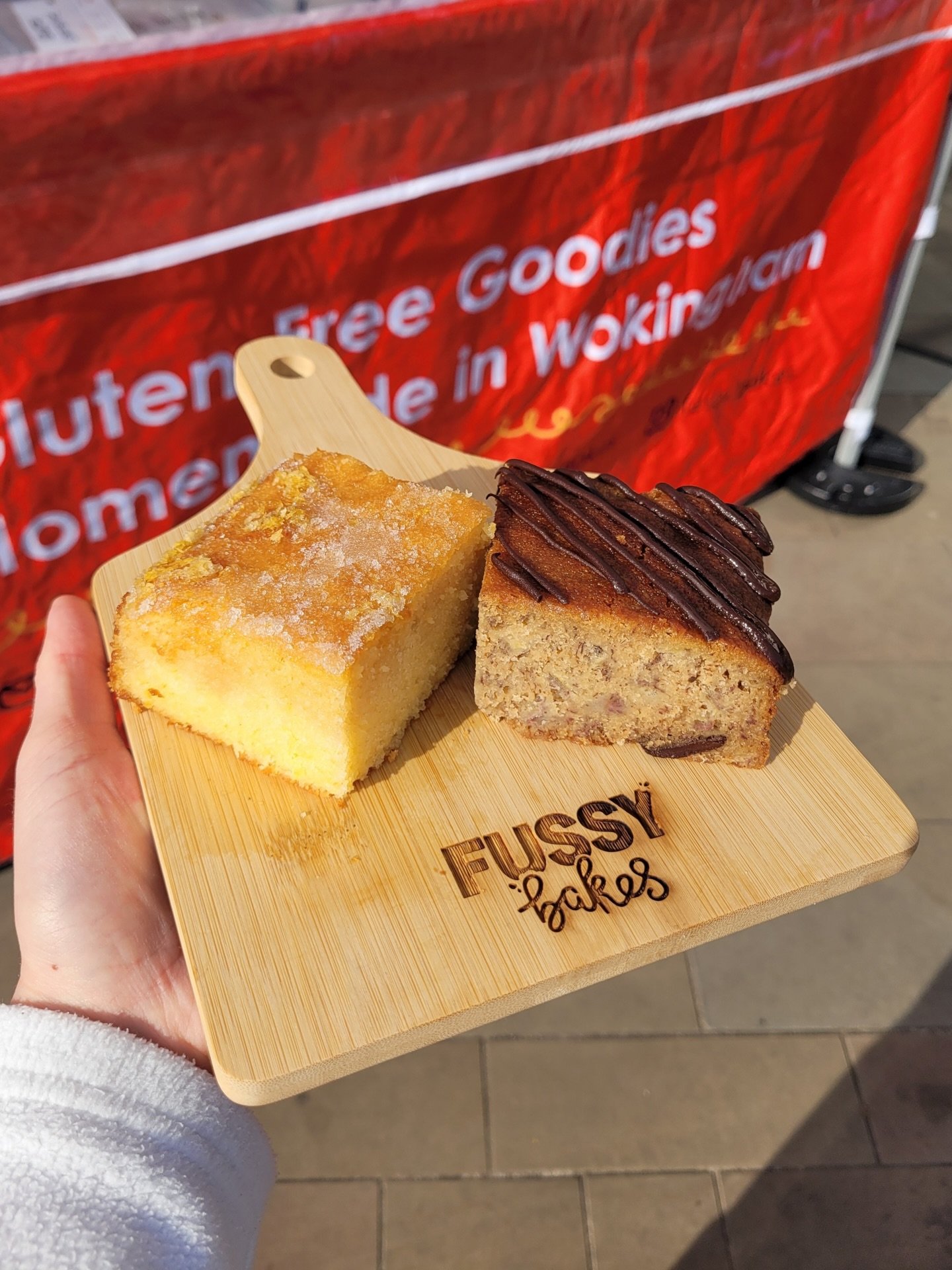 Fussy Bakes lemon loaf and banana loaf cake on a chopping board