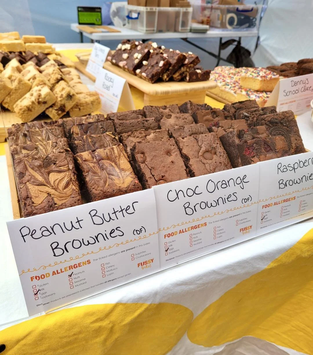 Fussy Bakes labelled assorted brownies on display at the stall