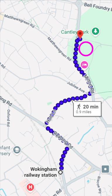 Walking route from Wokingham Railway Station to Cantley Park