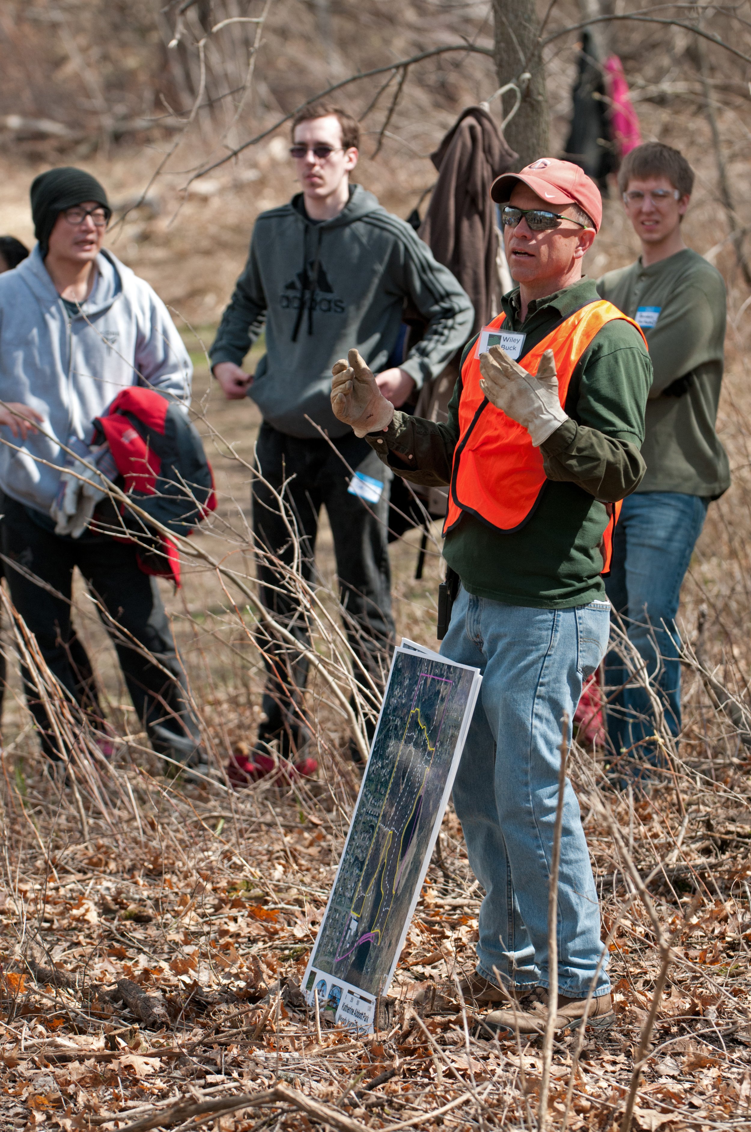 Wiley gives a "Roving Presentation" during a buckthorn removal event at Katherine Abbott Park in 2014 
