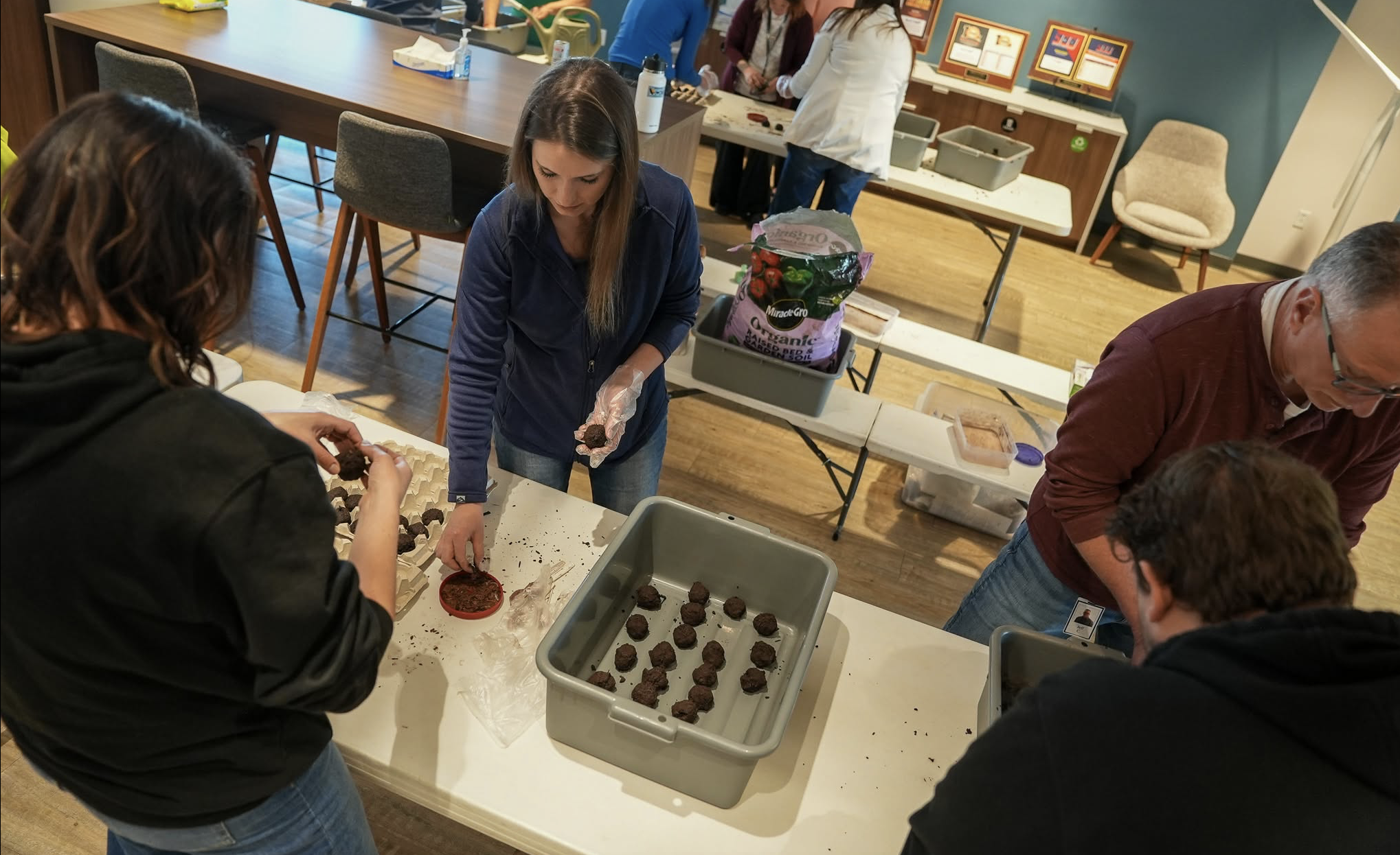 Blattner employees form balls containing native seeds, soil, and clay.