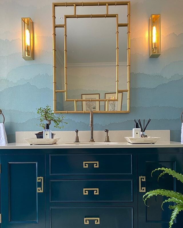 When I designed this lacquered vanity unit I envisaged it in a cantaloupe orange finish -  but the client just didn&rsquo;t &lsquo;see&rsquo; it so we agreed on this beautiful deep teal instead and I sourced these brass handles instead. Although the 