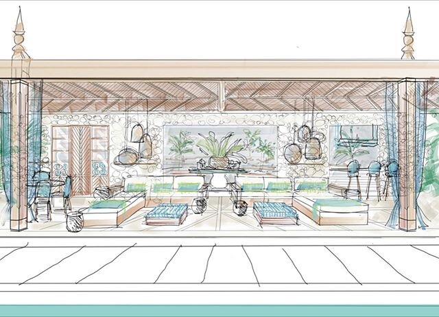 Love a pool terrace and couldn&rsquo;t help indulging myself as I drew this one up yesterday afternoon.... just needed the pool to dip in and out of to cool off between renders! #interiordesign #mustique #interiordesigner #sketching #3ddesigner #cool