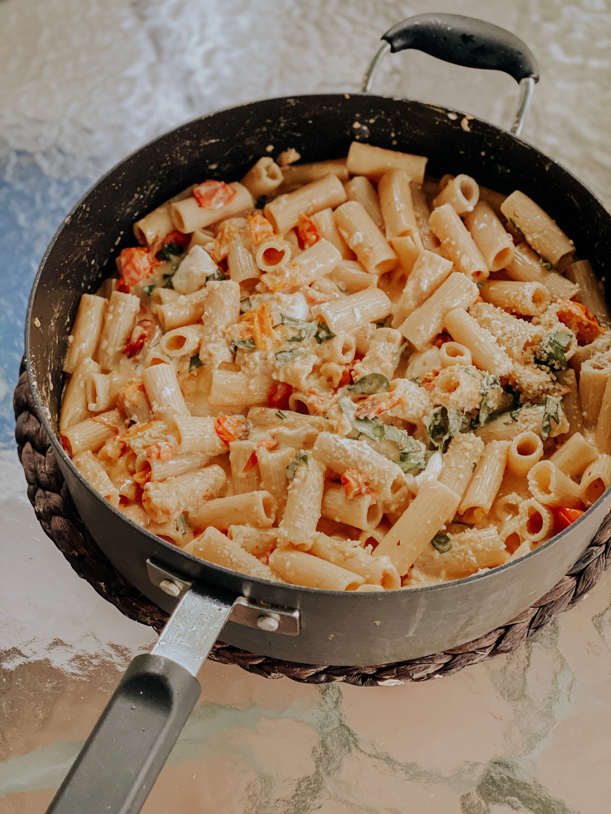 30 minute Creamy Tomato Burrata Rigatoni