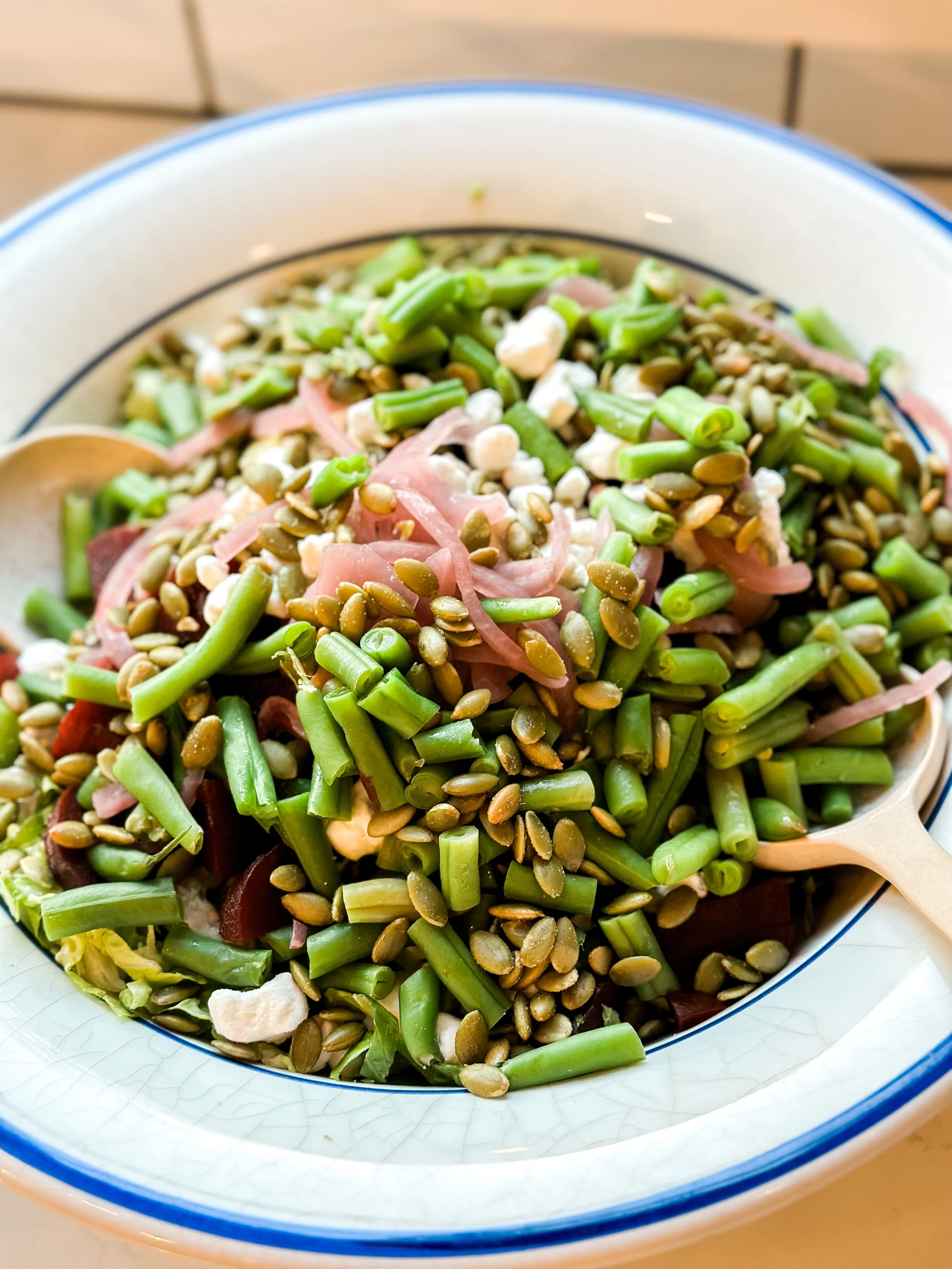 Chopped Salad with Goat Cheese, String Beans, Mint and Pumpkin Seeds