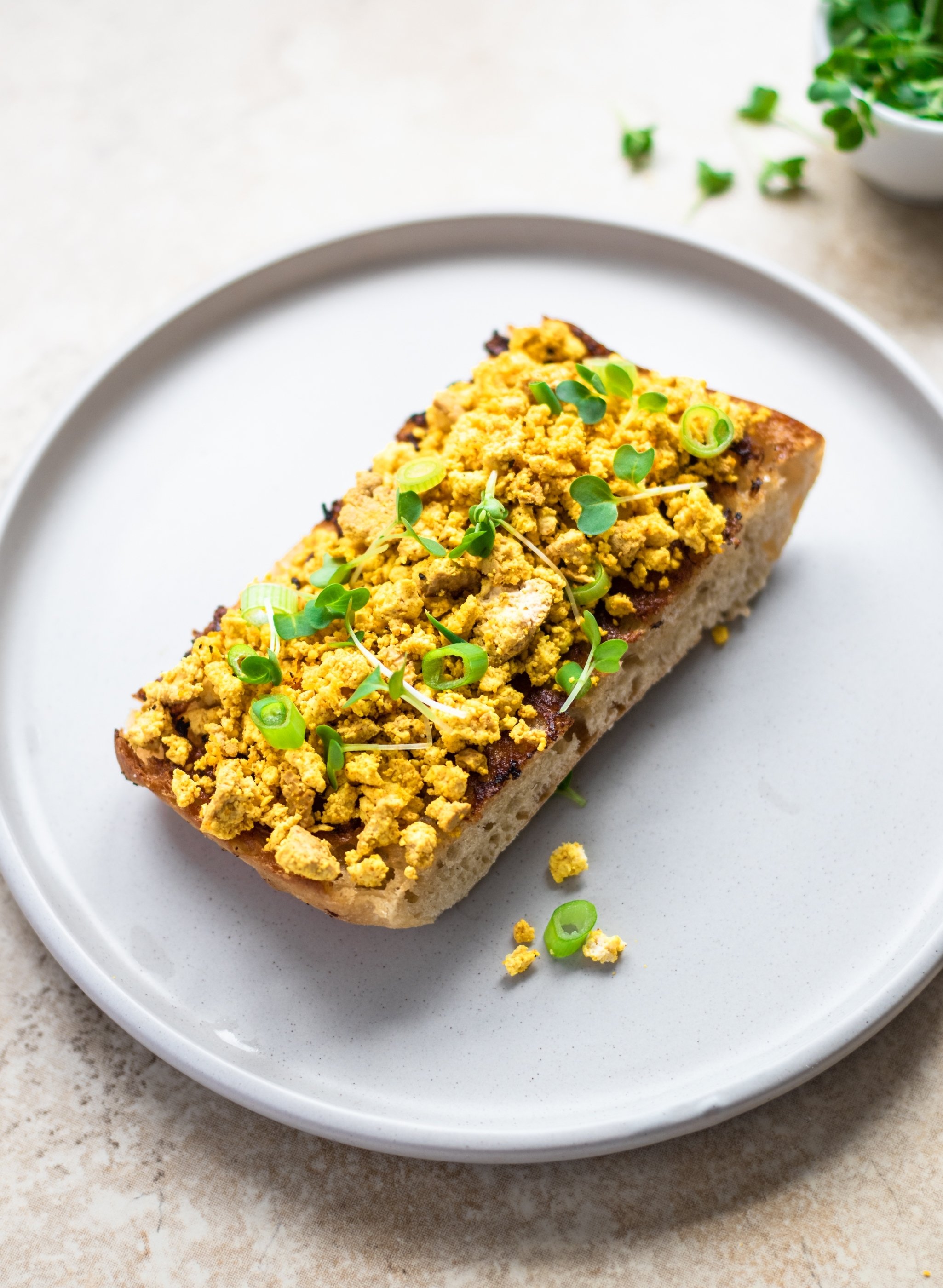 Open-Faced Tofu Scramble Sandwich with Sprouts & Scallions