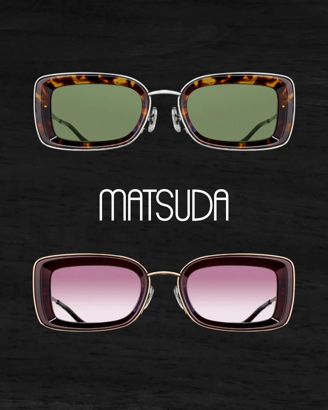 A bold rectangular lens shape and bright colored Japanese Acetate make the M3124 a modern sunglass with a unique Matsuda twist: a TV-cut acetate insert and filigree adorned titanium temples.

&bull; Hand Polished Japanese Acetate
&bull; Hand Applied 