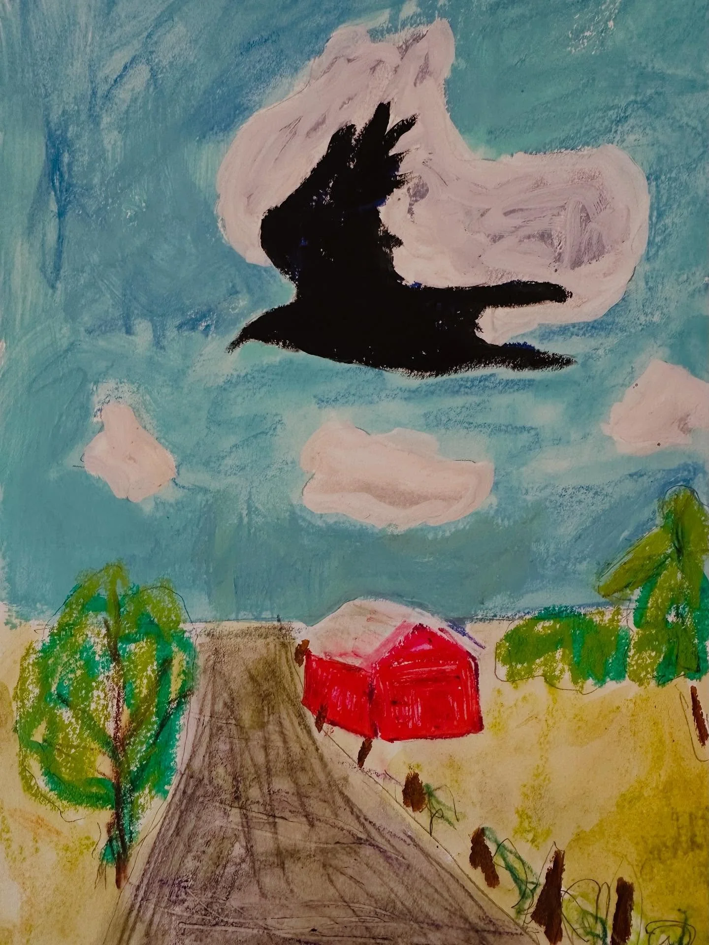 how the crow flies #mixedmediamemoir through clouded skies bright blue morning having left the trees piecing together this practice landscape of home #folktale #fable #everydaycreativity #makeitart #westernmass #pinklovestyle