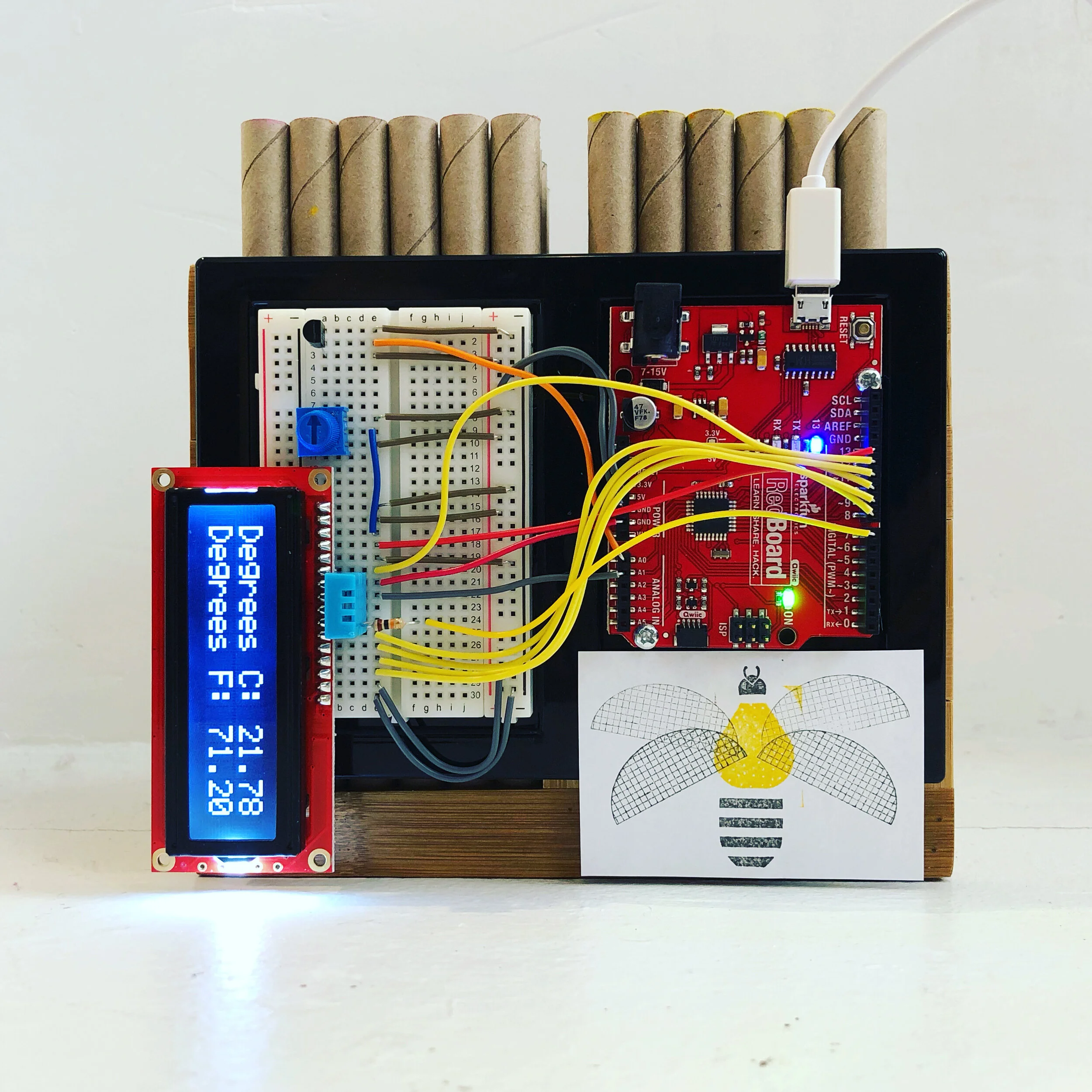 This prototype is intended for urban use and can be places near gardens, balconies, and other spaces to attract bees.