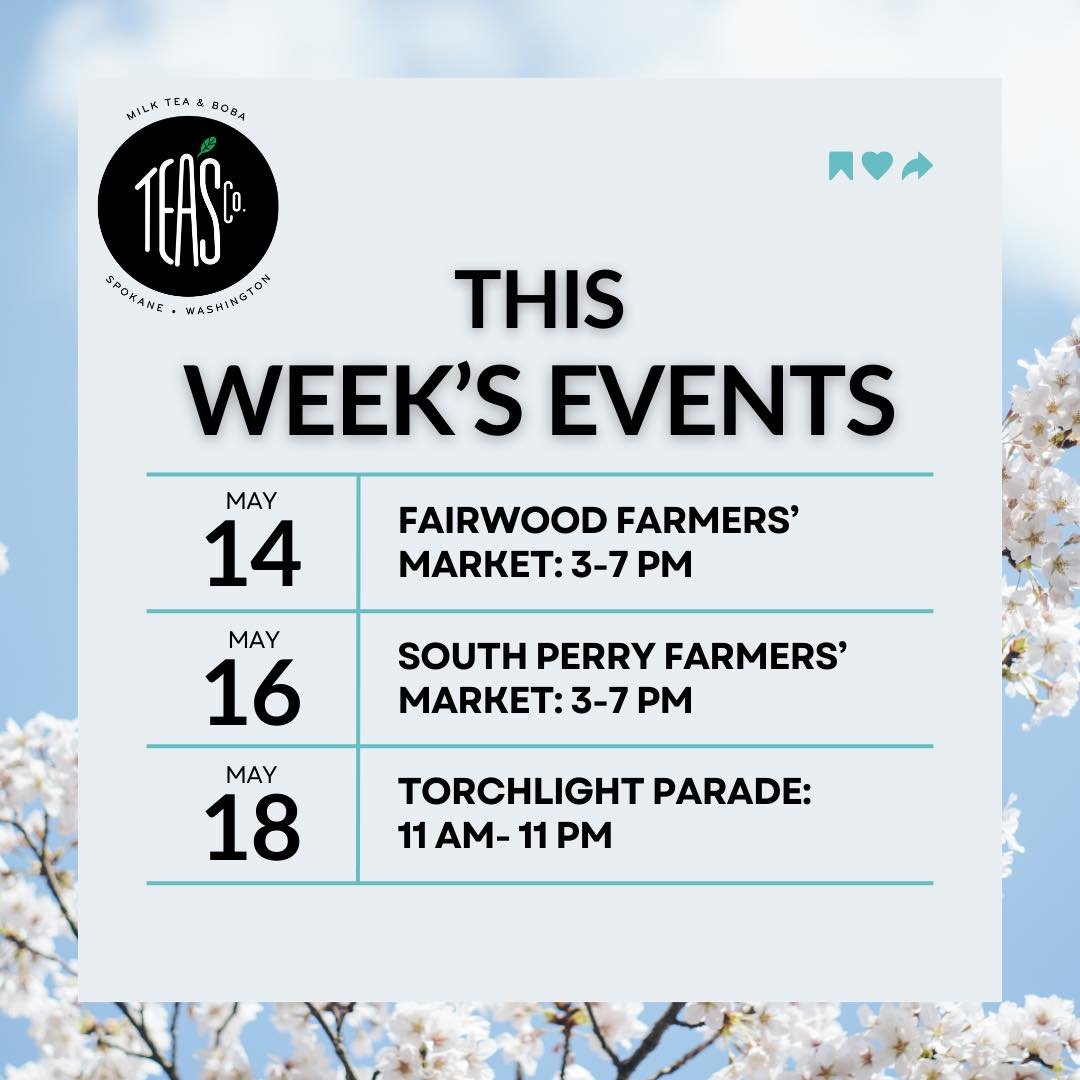 Fairwood Farmers' Market starts this week! But that's not all, we have three events for you!

🧋

#instagram #spokane #winterbreak #spring #foodtruck #mondaymotivation #tea #yay #teascompanyspokane #spokanesmallbusiness #farmersmarket #boba #bubblete