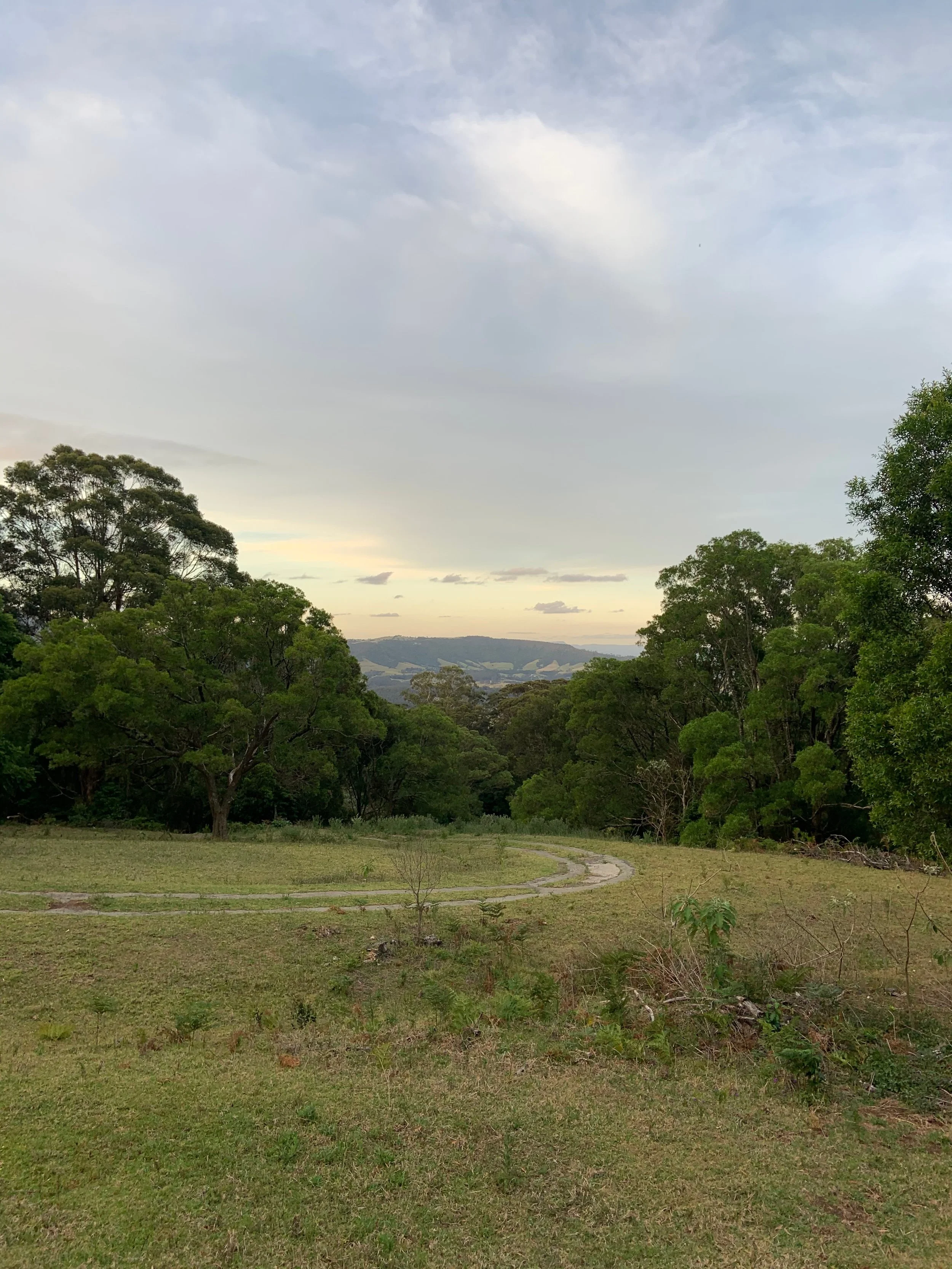 Open field with a winding dirt path, surrounded by green trees under a partly cloudy sky.