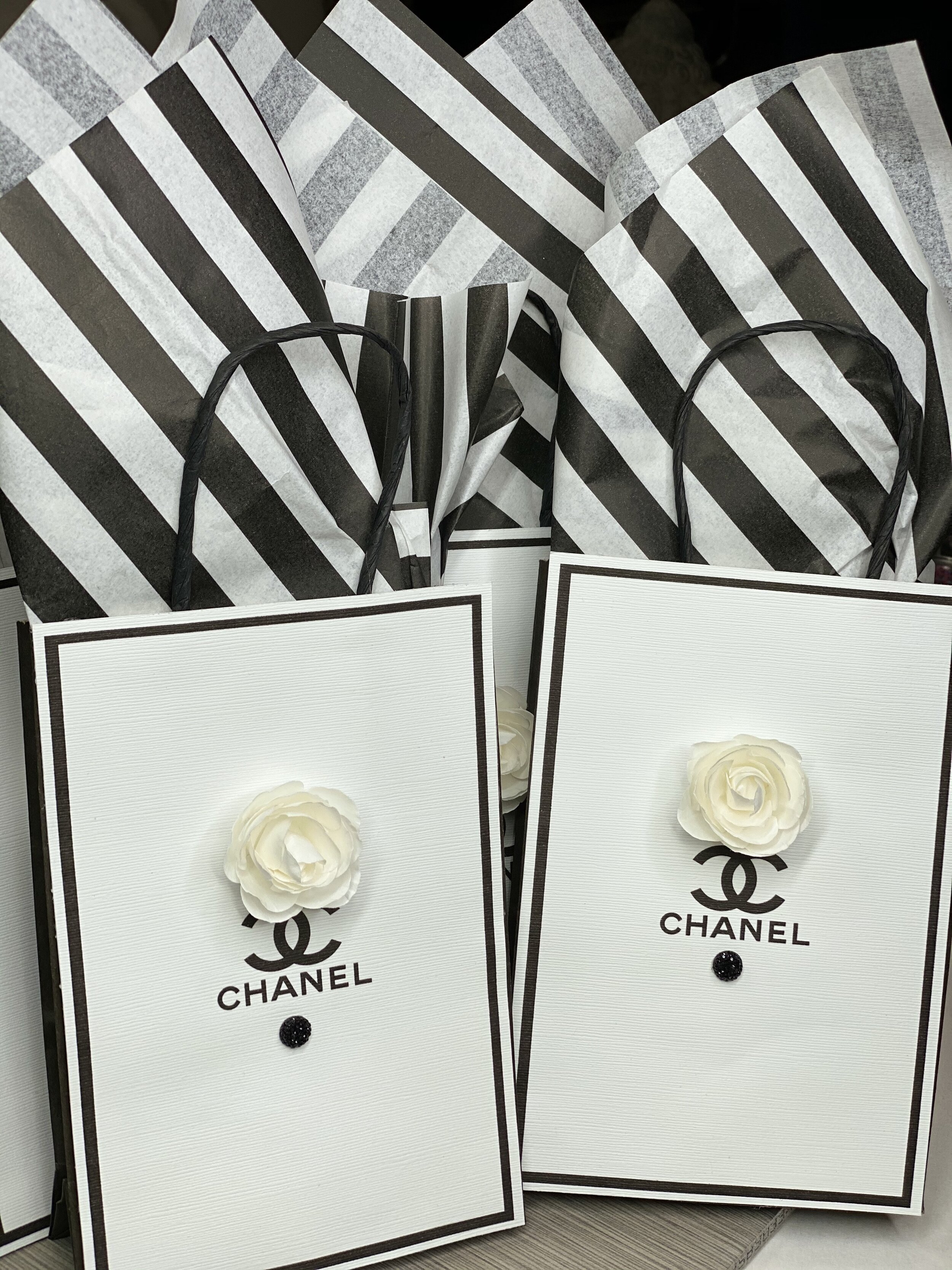 black and white chanel gift bags
