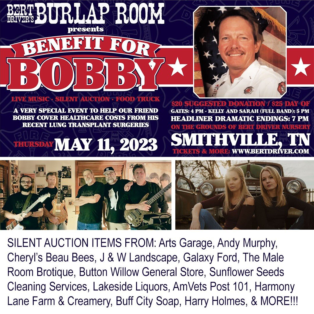 This Thursday, 5/11 - Benefit for Bobby featuring Dramatic Endings and @kellysarahmusic (with full band)! 👉 This special event includes live music, silent auction, Tio's Tacos, YaYa's Food Truck, and more to help our friend Bobby cover healthcare co