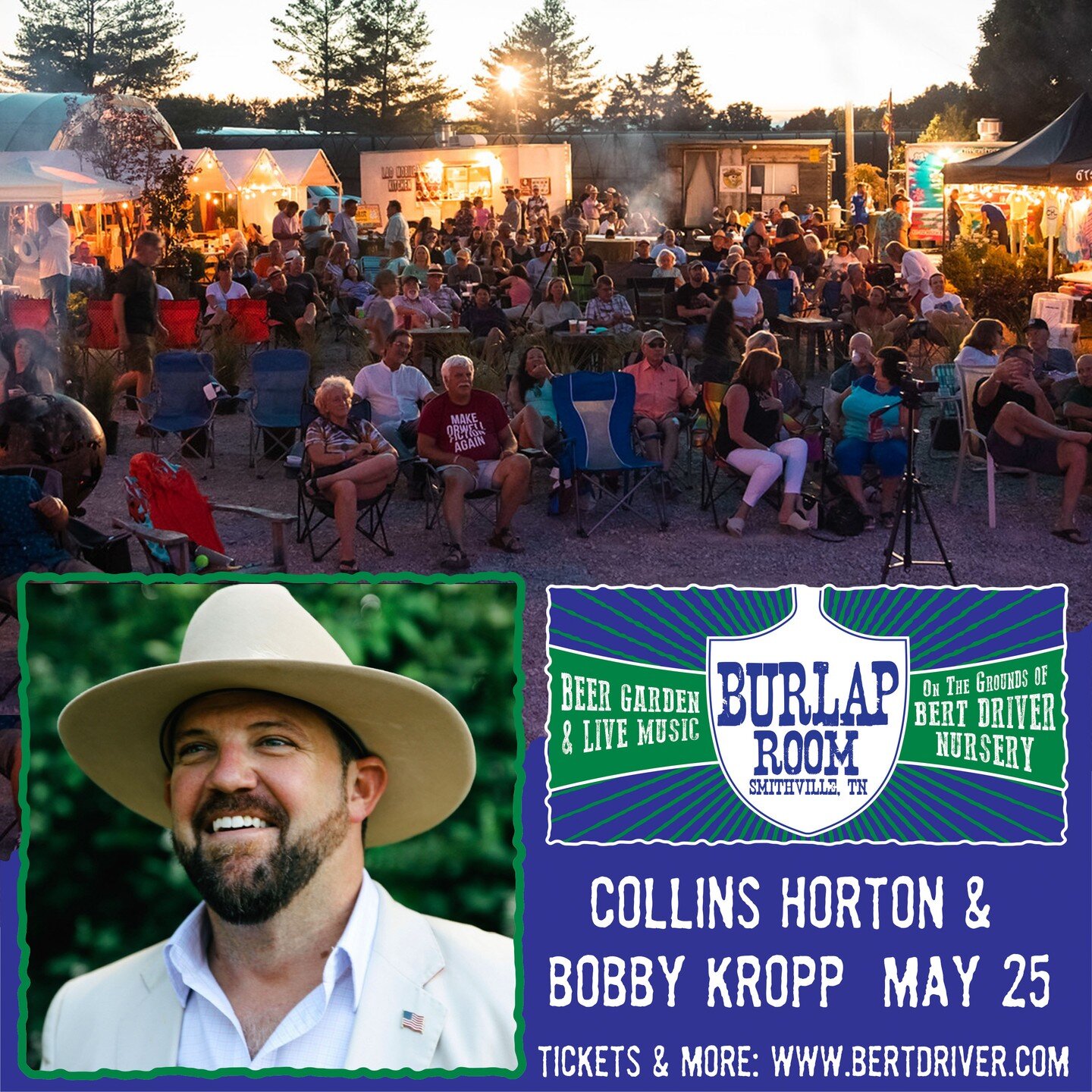 Up next at Bert's on Thursdays, 5/25, 🎶 @collins_horton_music (winner of the Harvester's 2023 TN Songwriters Qualifying Round) and @bob_kropp_producer. Join us for live music, craft beverages, food truck, and good vibes. Rain or shine. 

⚠️ Gates an