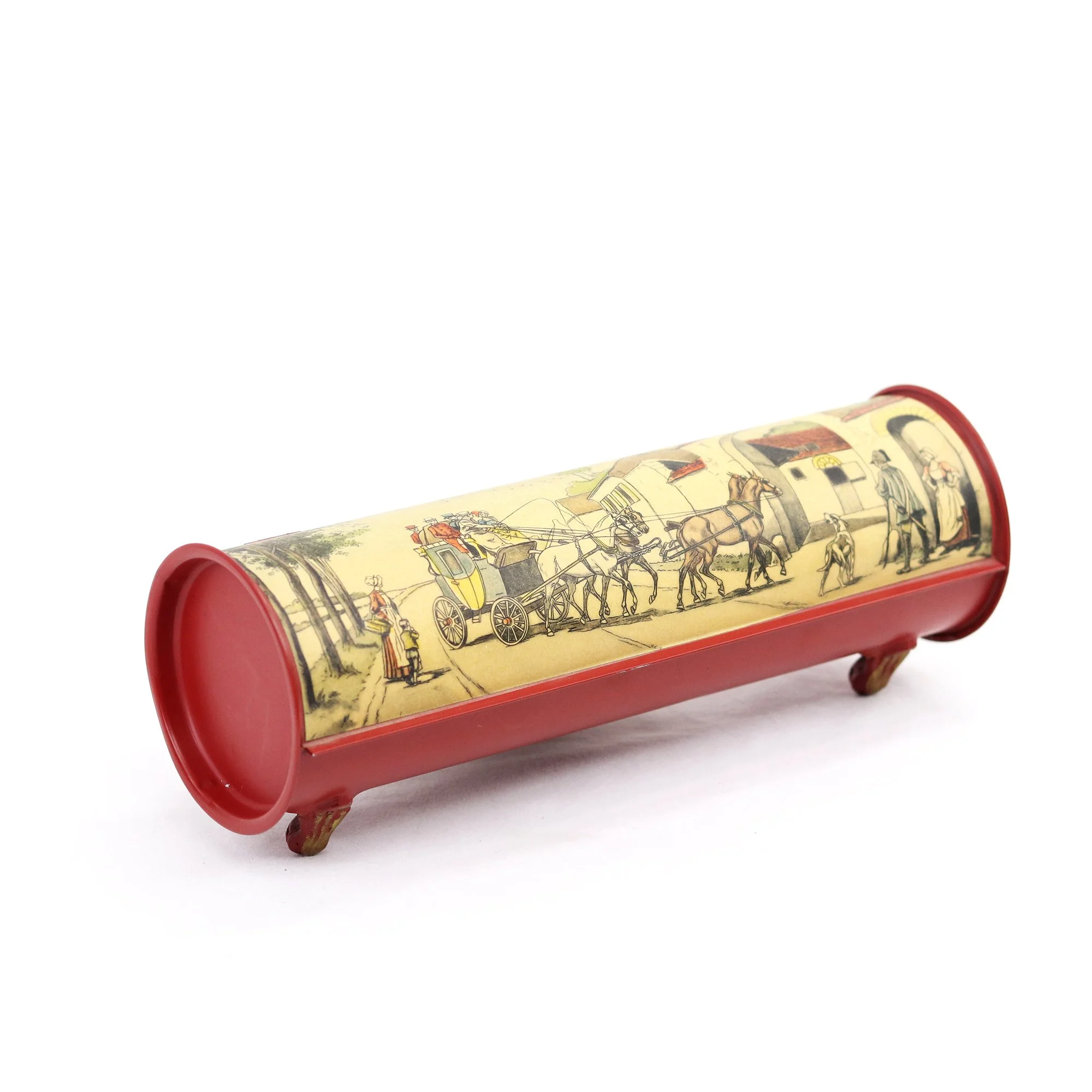 Red Round Metal Box with Vintage Scene on Lid0000.jpg