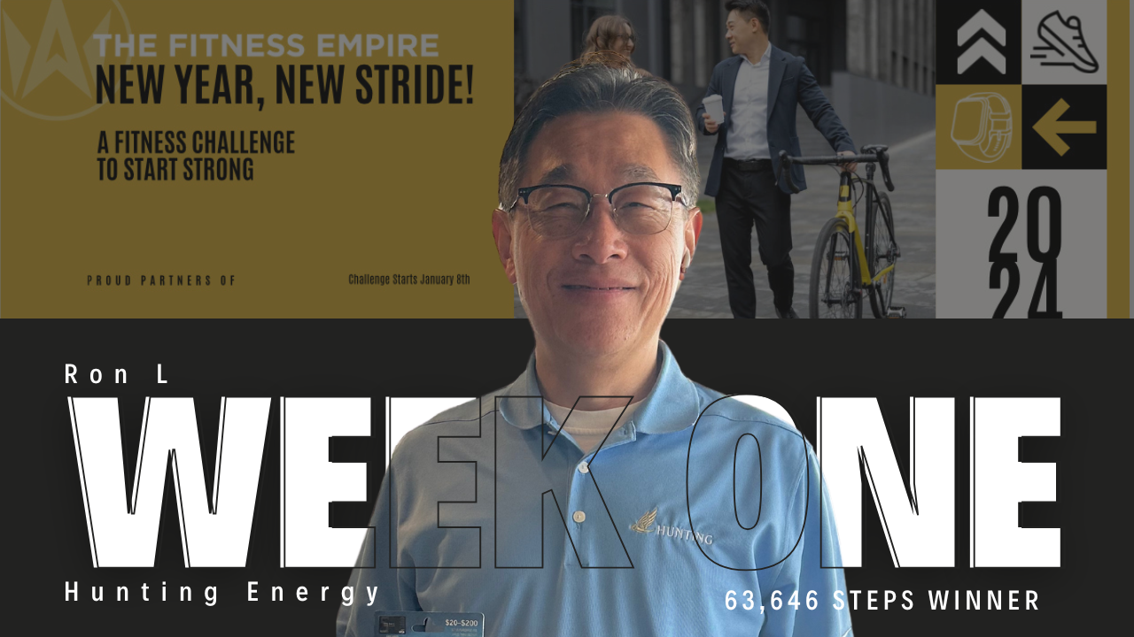 A promotional banner for The Fitness Empire featuring Ron L, a weekly winner with 63,646 steps, promoting a fitness challenge starting January 8th. The banner includes images of a man and woman in business attire walking and a person with a bicycle, with text highlighting a new year fitness goal.