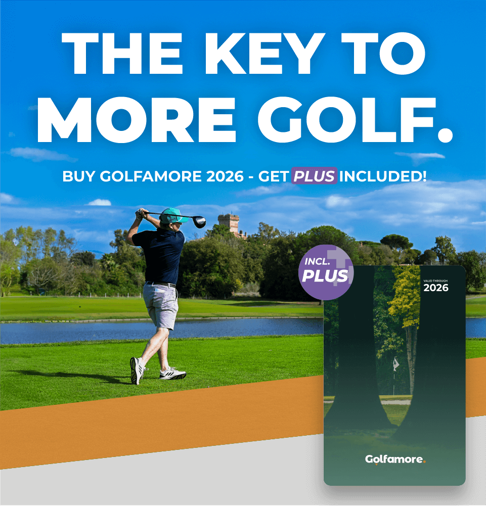 Play cheaper golf - 50% discount on green fees. Golfer hitting ball.