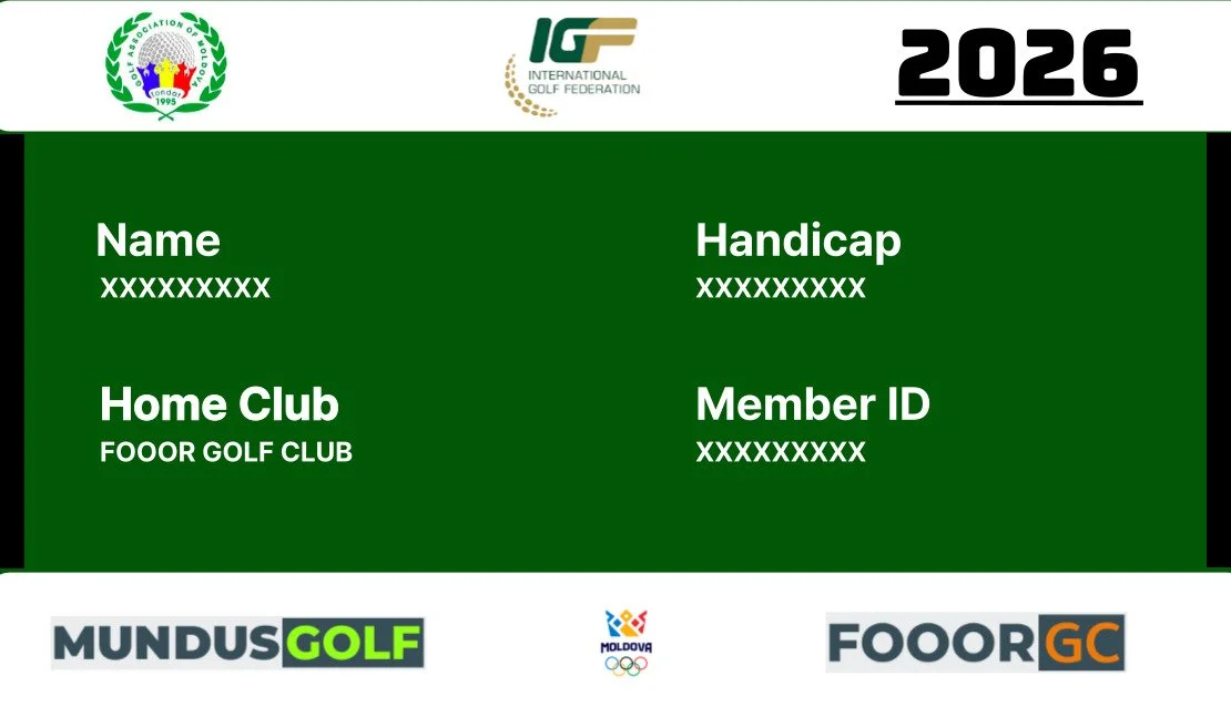 ID card for a golf club, featuring logos of the International Golf Federation and Moldova, with sections for name, handicap, home club, and member ID, dated 2026.
