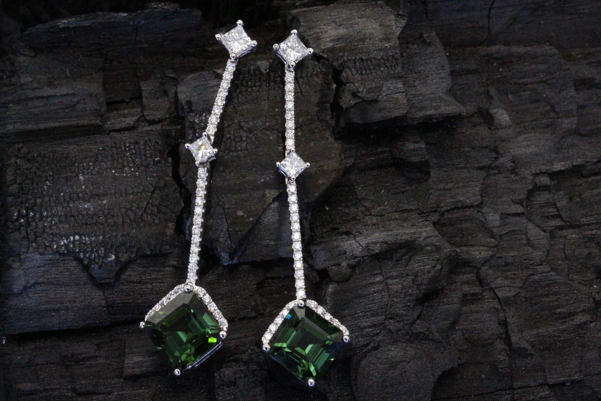 Green Tourmaline Diamond White Gold Earrings