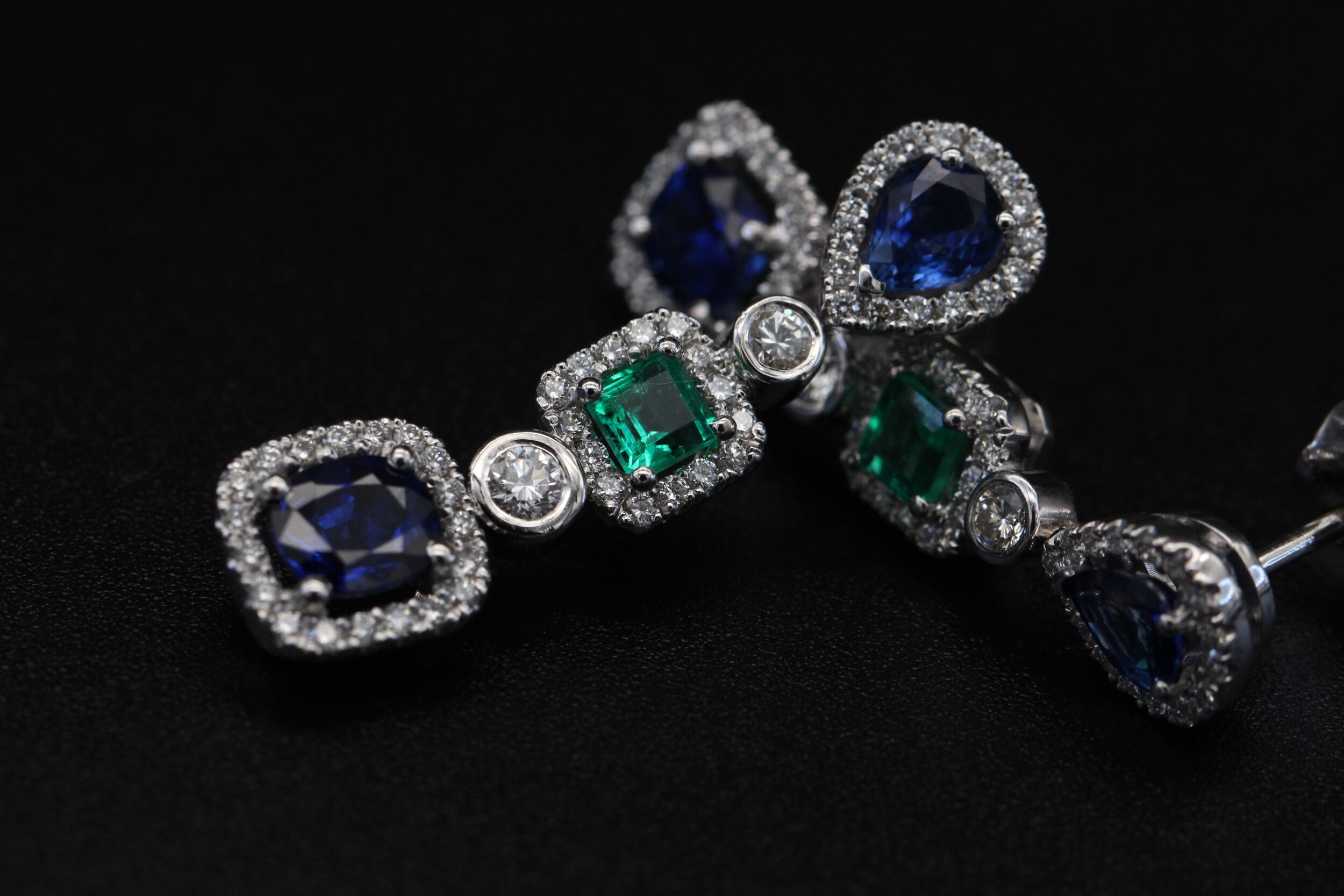 Bragance Sapphire, Emerald &amp; Diamond White Gold Earrings by Sagess