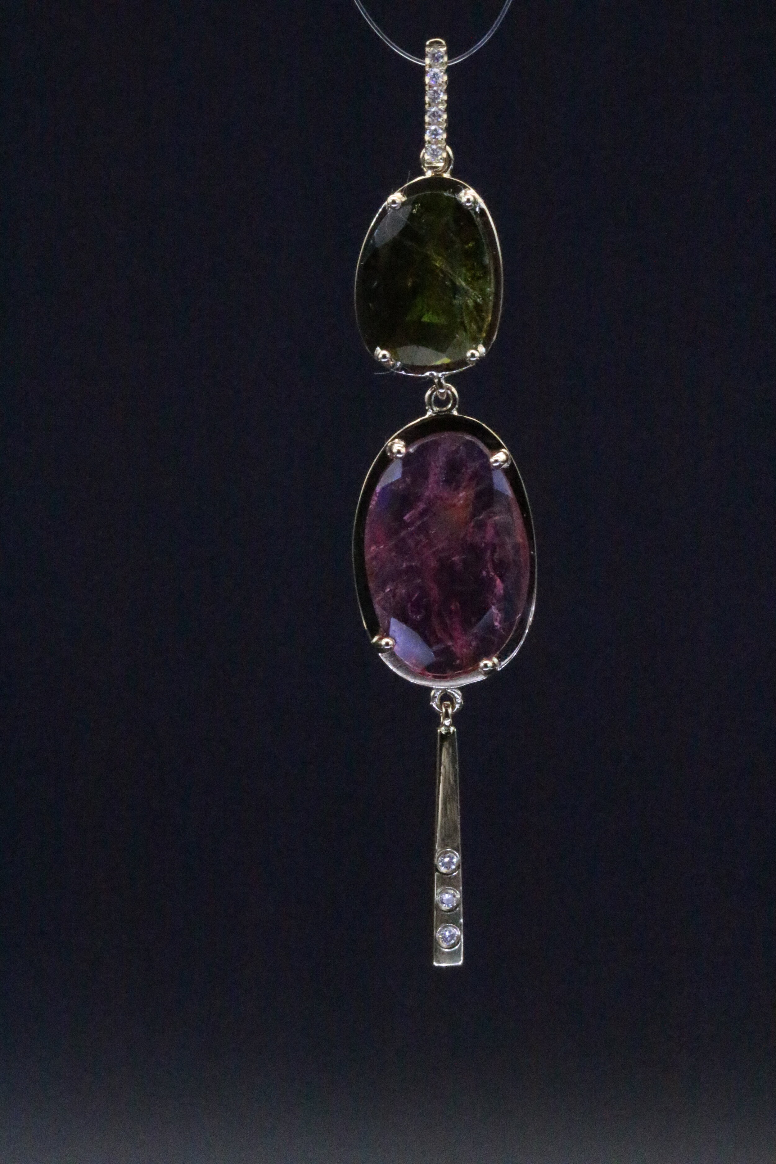 Pendentif de Designer en Or jaune diamant , Rubellite et tourmaline verte