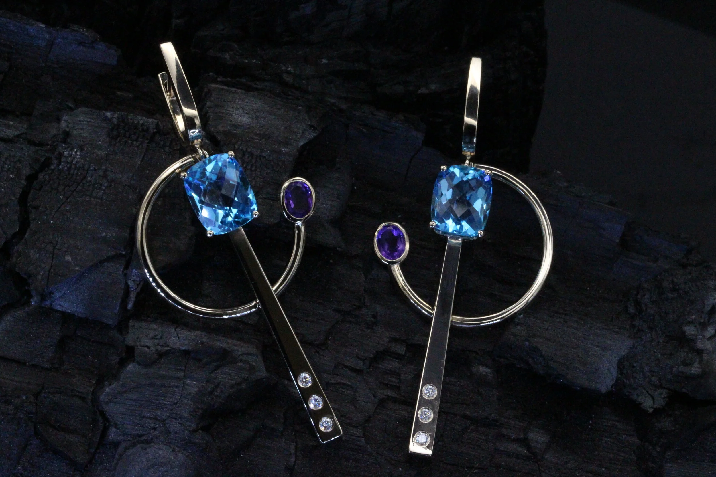 Gold Earrings with Blue Topaz, Amethyst &amp; Diamonds | Handcrafted Luxury Jewelry by Sagess