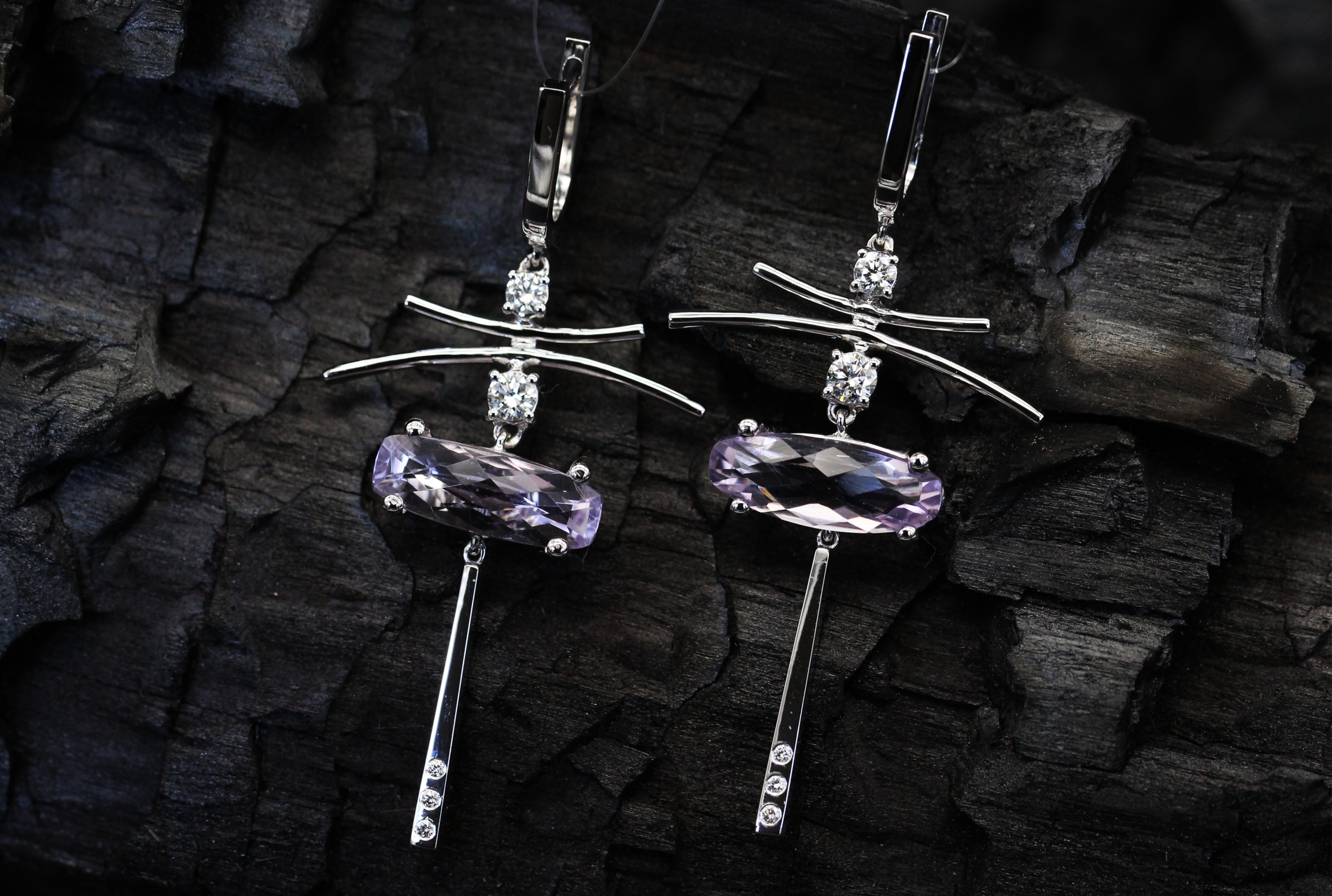 white gold earrings set with pink amethyst and diamonds 