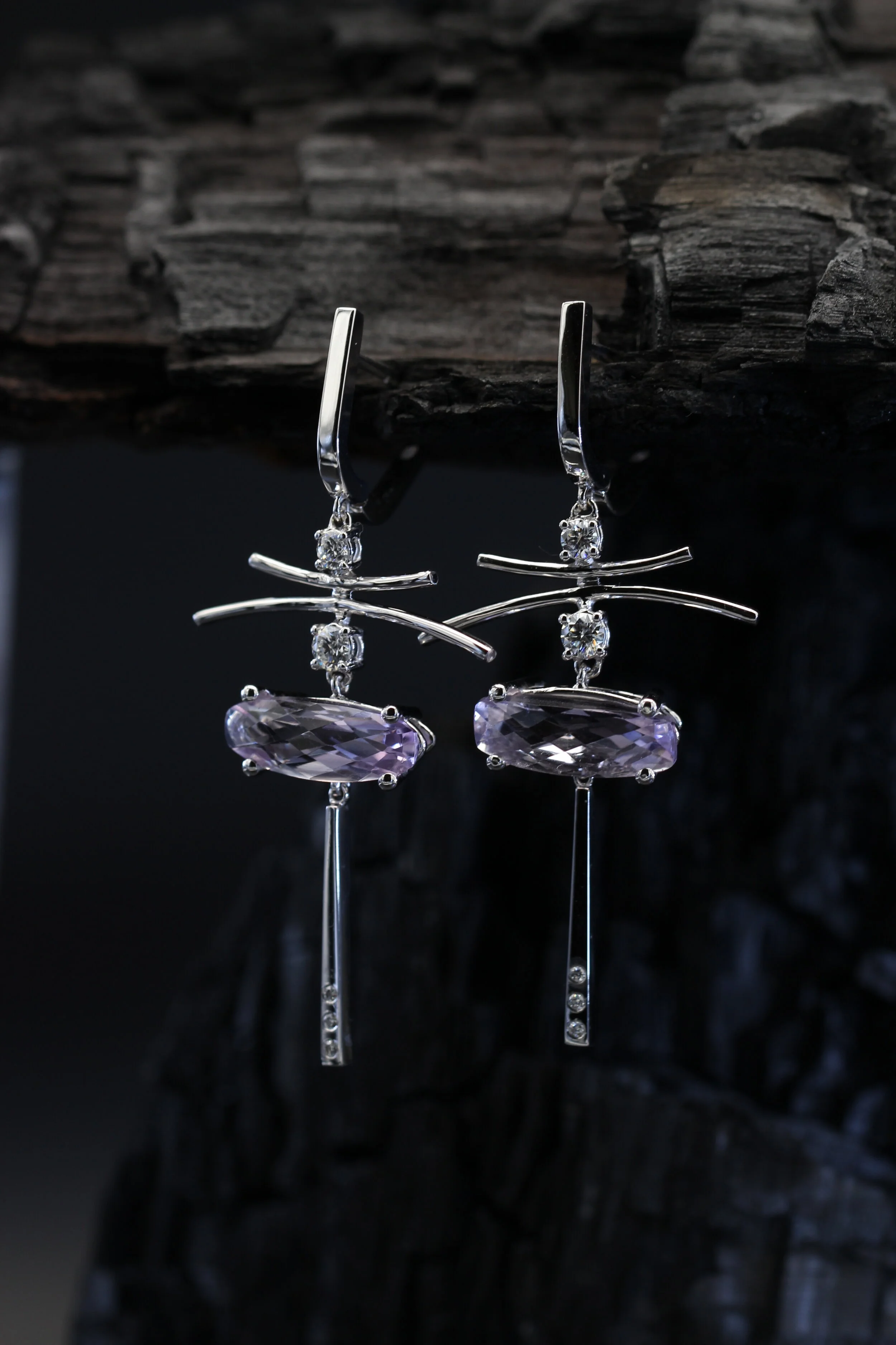 Torii Gate-Inspired Designer Earrings - White Gold, Diamond &amp; Pink Amethyst