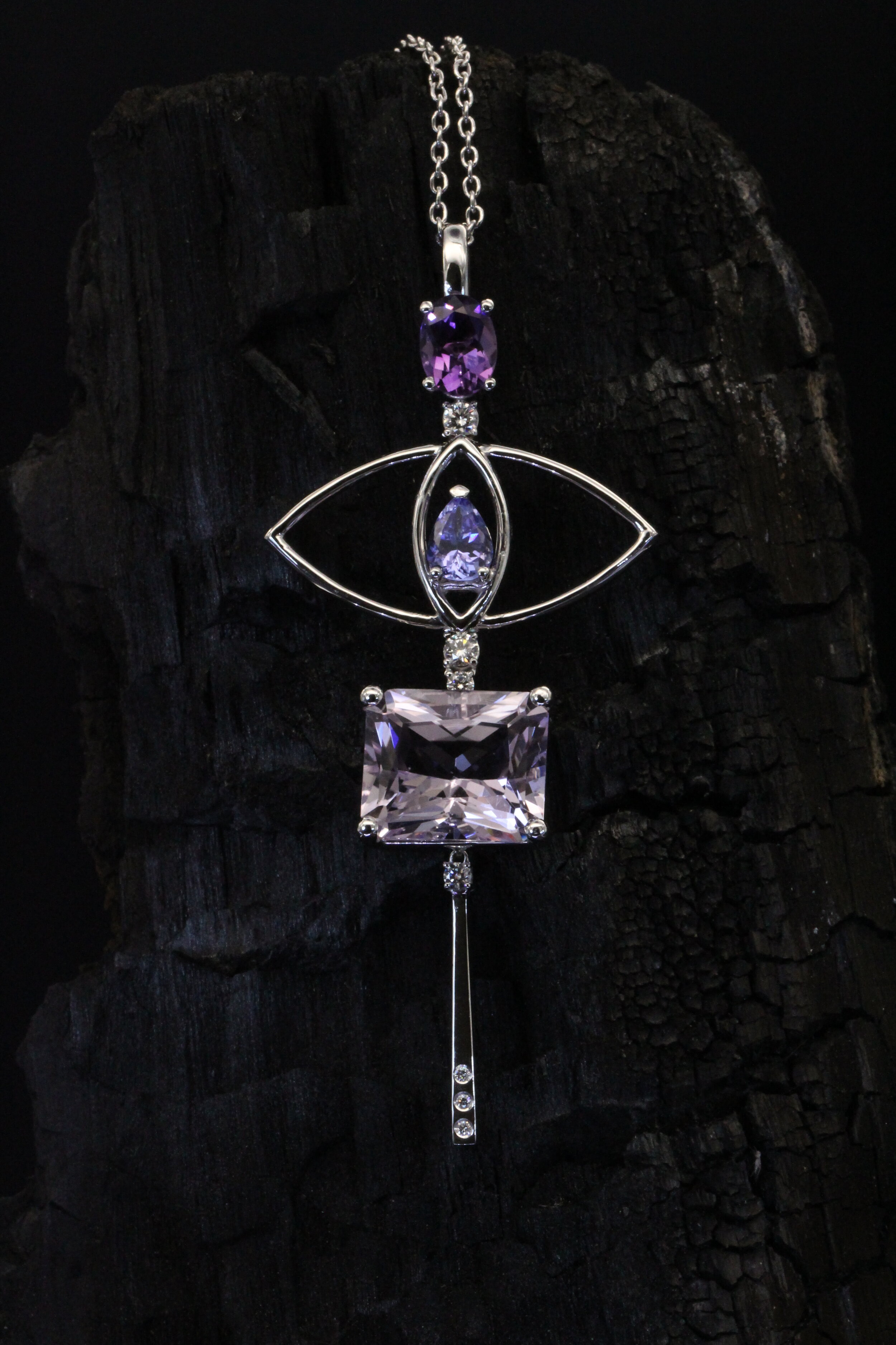 tanzanite, pink and purple amethyst and diamond necklace pendant 