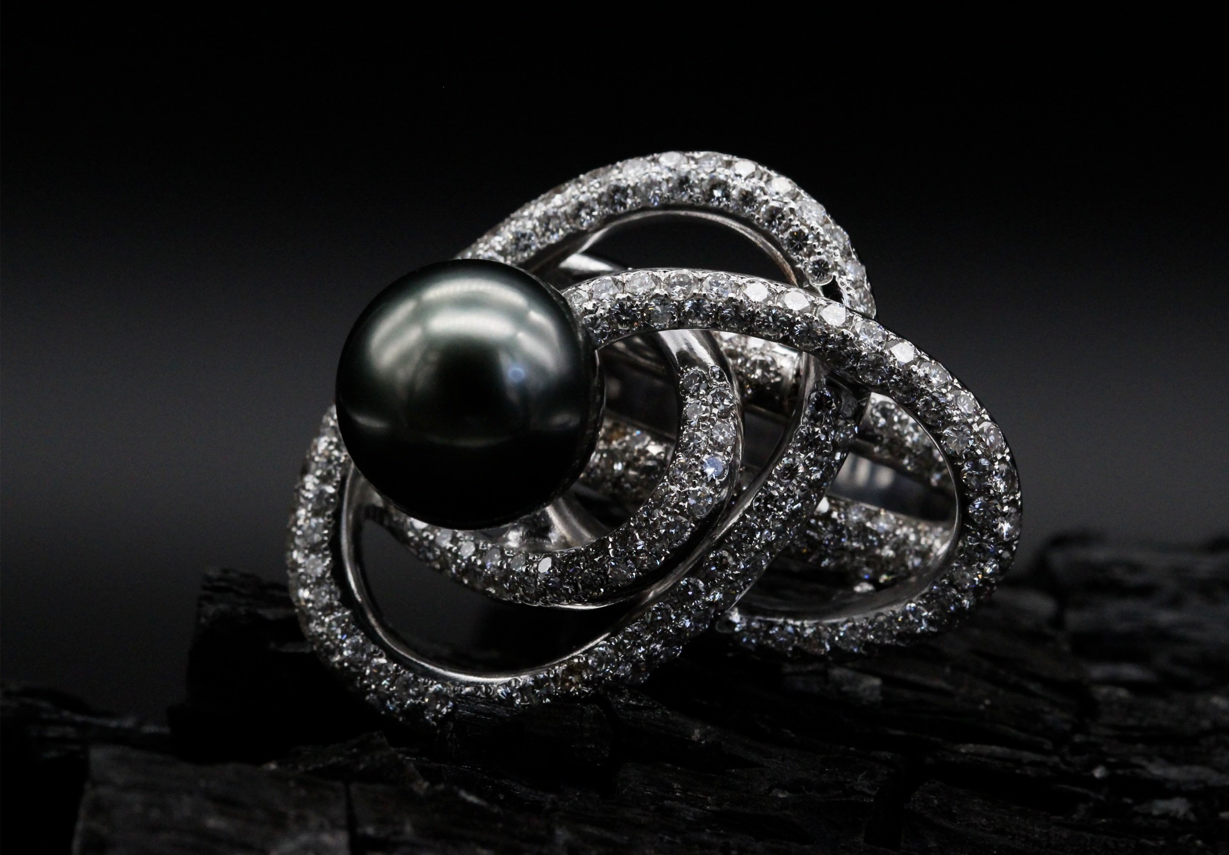 New French Natural Tahitian Pearl Diamond 18 Karat Yellow Gold Platinum Ring  Size 7.5 | Chairish