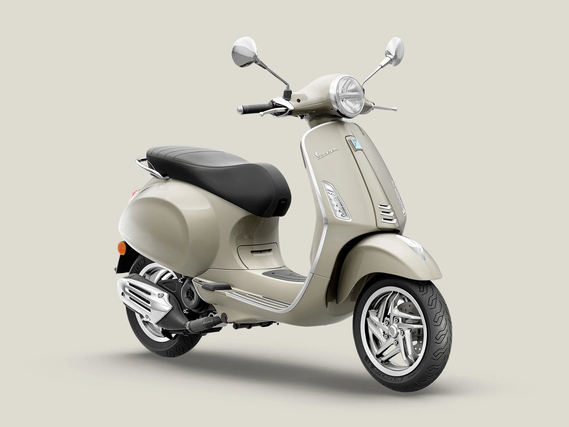 2026 Vespa Primavera 50 scooter in Beige — close-up styling detail 2