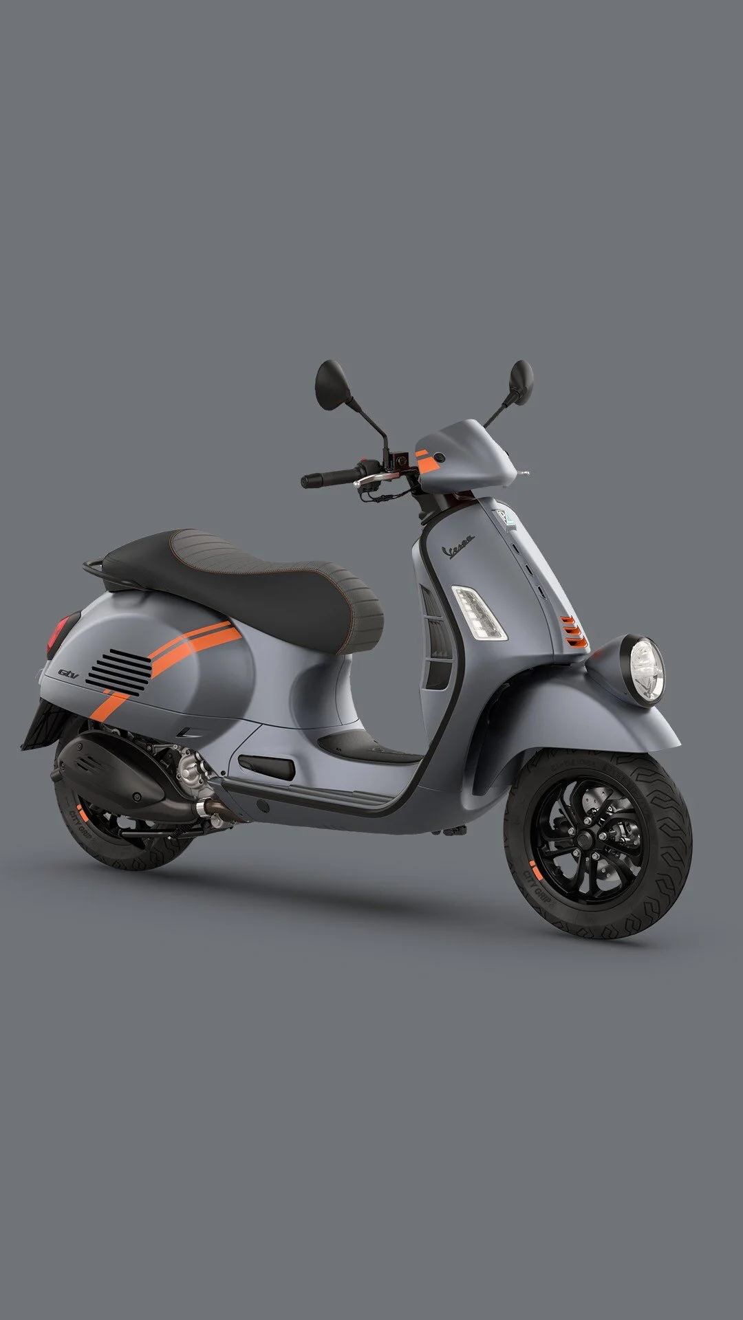 2026 Vespa GTV 310 scooter in Grigio — front three-quarter view