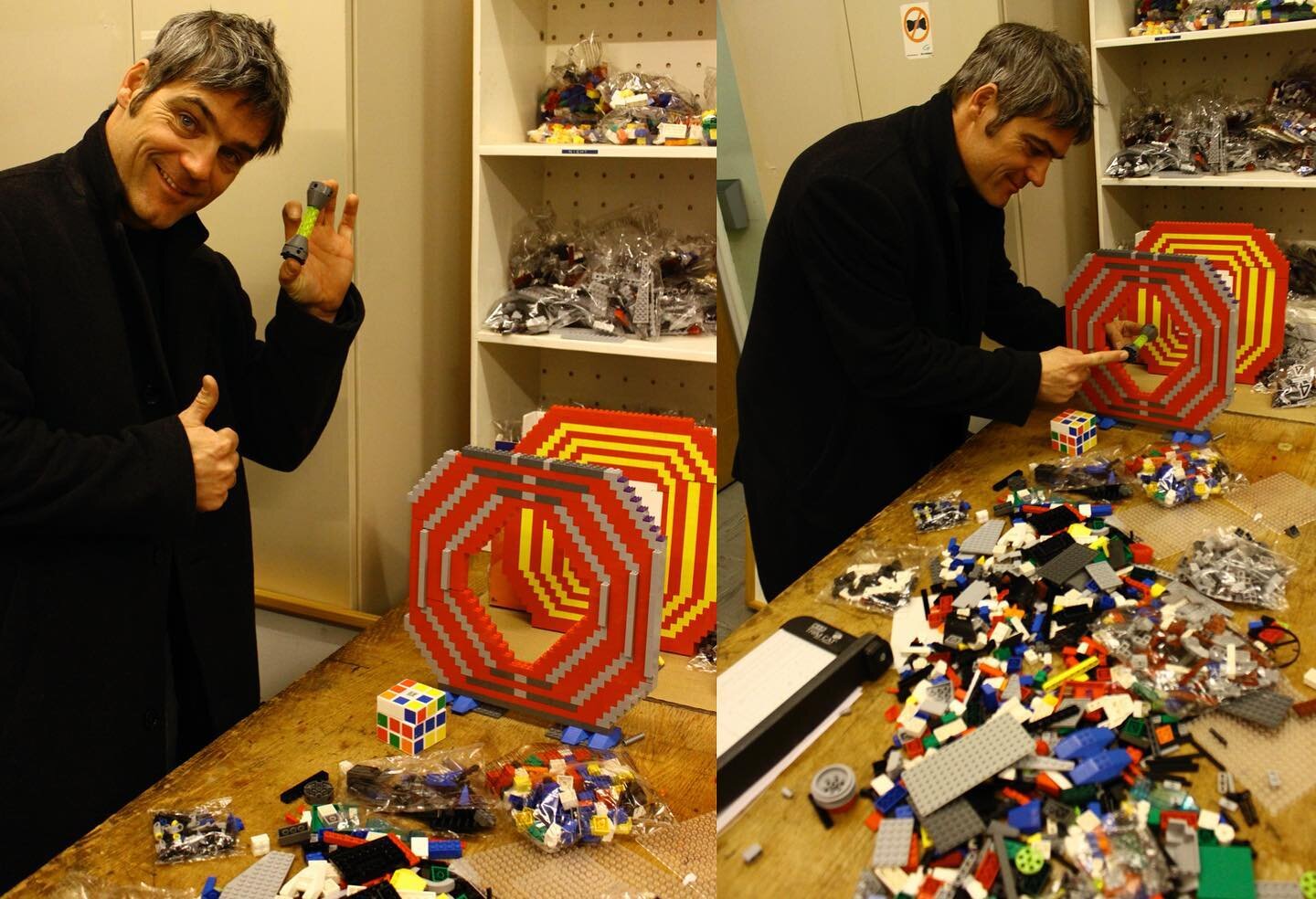 Physicist and CERN artist-in-residence Michael Hoch building a replica of the Large Hadron Collider out of Legos.