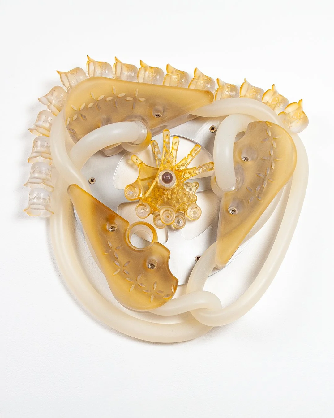 Bo Sun, A Clockwork Delerium , resin, aluminium, silicone, metal fixtures, 40cm x 40cm x 10cm, 2025