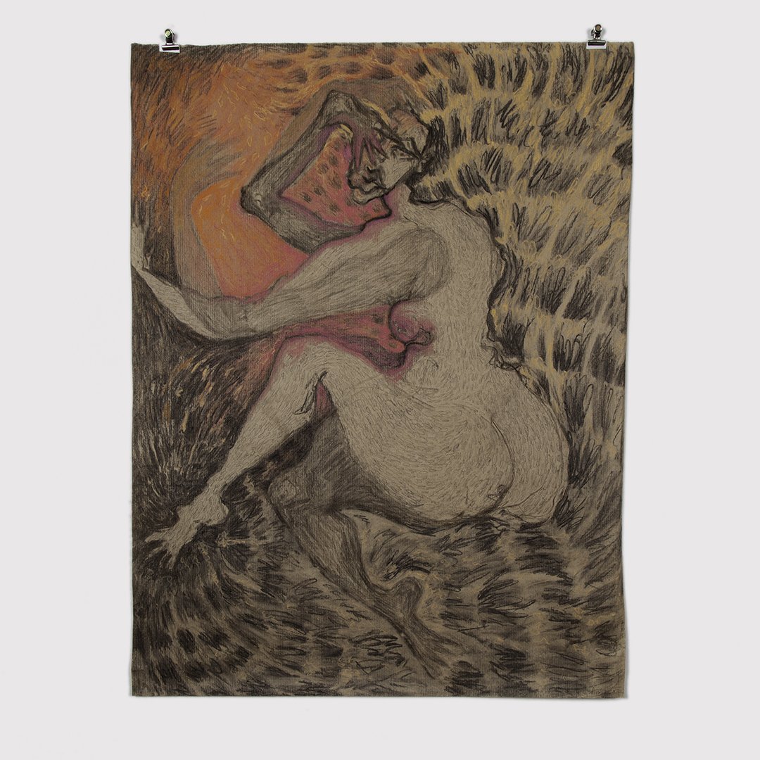    Kandre Arámide Hassan,  Recalling&nbsp;,  Charcoal and pastel on craft paper, 80cm x 60.5cm, 2025. 