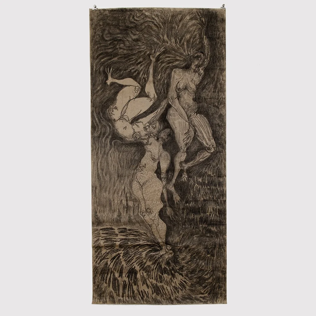    Kandre Arámide Hassan,  In The Thickening,  Charcoal on craft paper, 153cm x 70cm, 2025.&nbsp; 